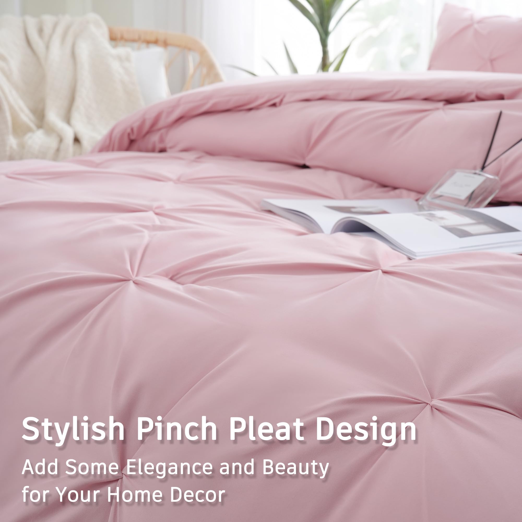 DOWNCOOL Queen Comforter Set - 3 Piece Pink Pinch Pleat Bedding Set, Soft Fluffy Pintuck Comforter with 2 Pillowcases, All Season Queen Size Bed Set for Cozy Bedroom Decor & Guest Room Styling