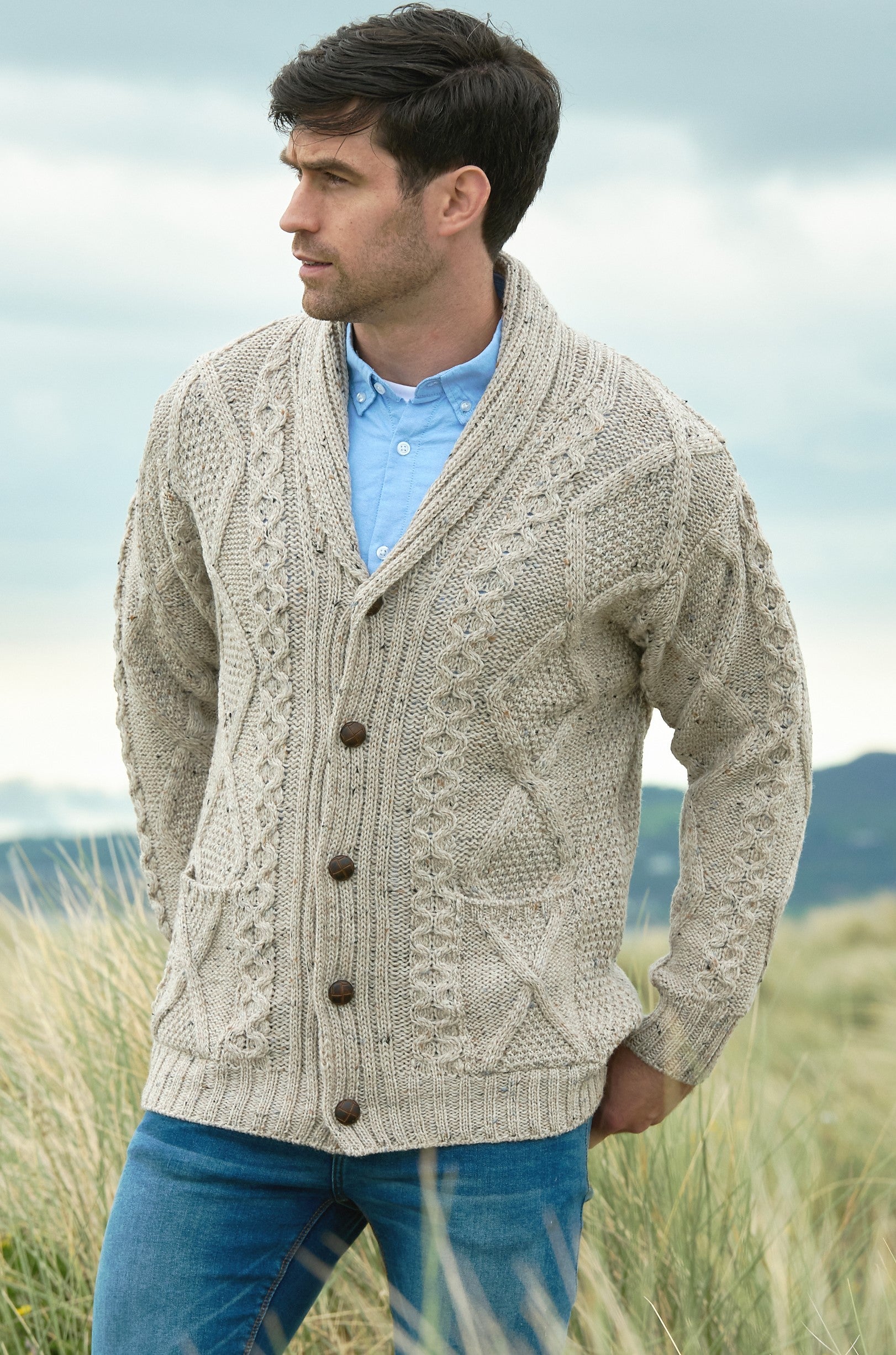 Aran Shawl Collar Cardigan Sweater for Women - Irish Knit Wool Pullover (Beige, Navy) - Perfect for Fall Winter Outfits, Office Wear & Cozy Nights