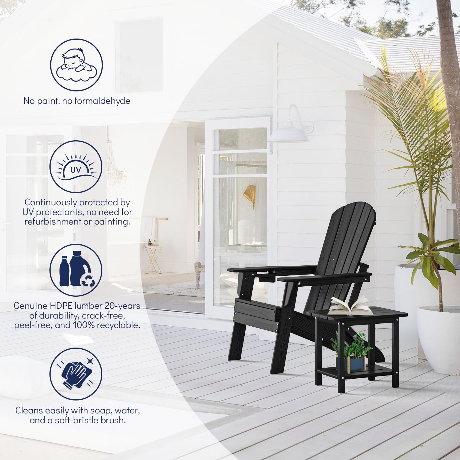 Heavy Duty Folding Adirondack Chair - All-Weather HDPE Wooden Textured Outdoor Furniture with Cup Holder, SGS Certified - Perfect for Poolside, Backyard, Patio, Garden & Lawn Relaxation (Black)