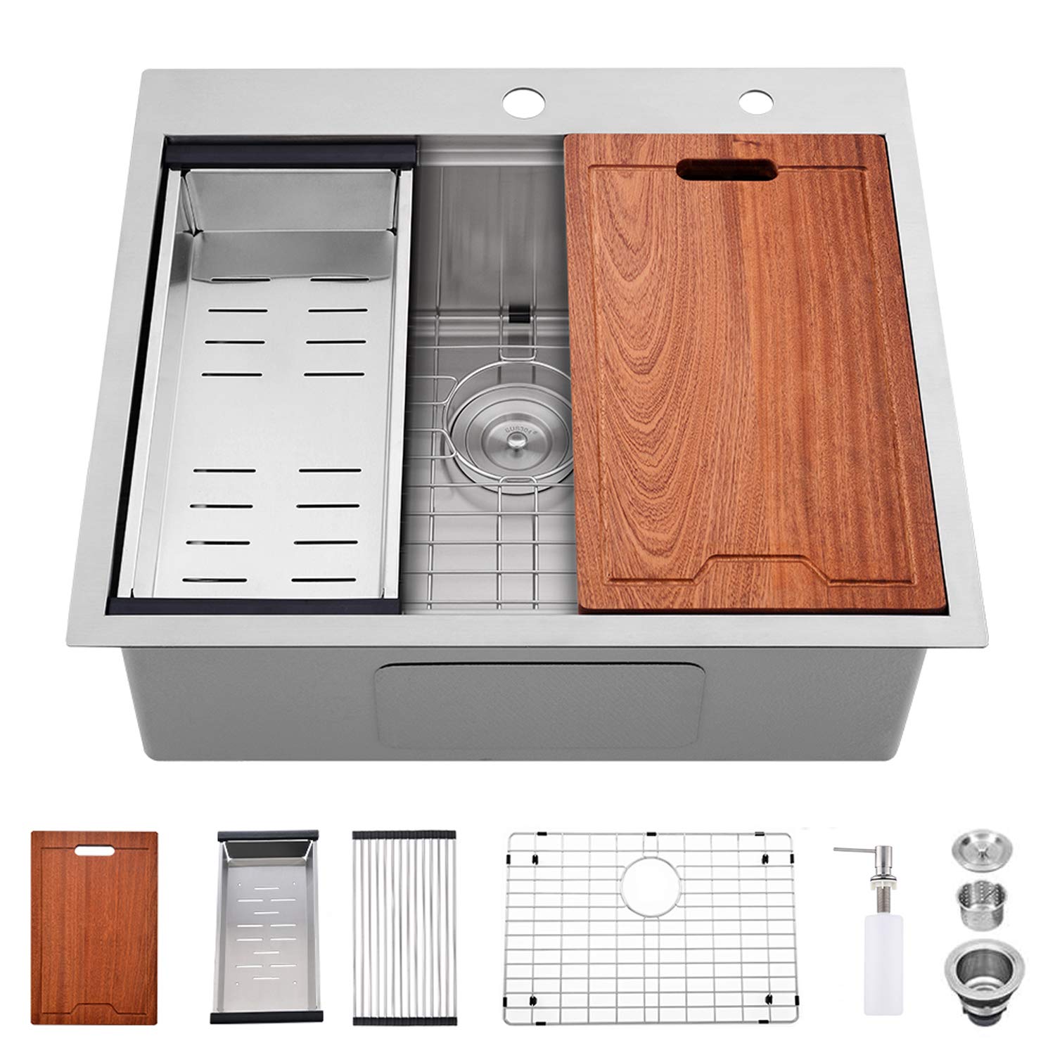 25 Inch Drop-In Stainless Steel Kitchen Sink - 16 Gauge Single Bowl Workstation Sink with Cutting Board & Strainer, Perfect for Modern Kitchens and Food Prep Stations