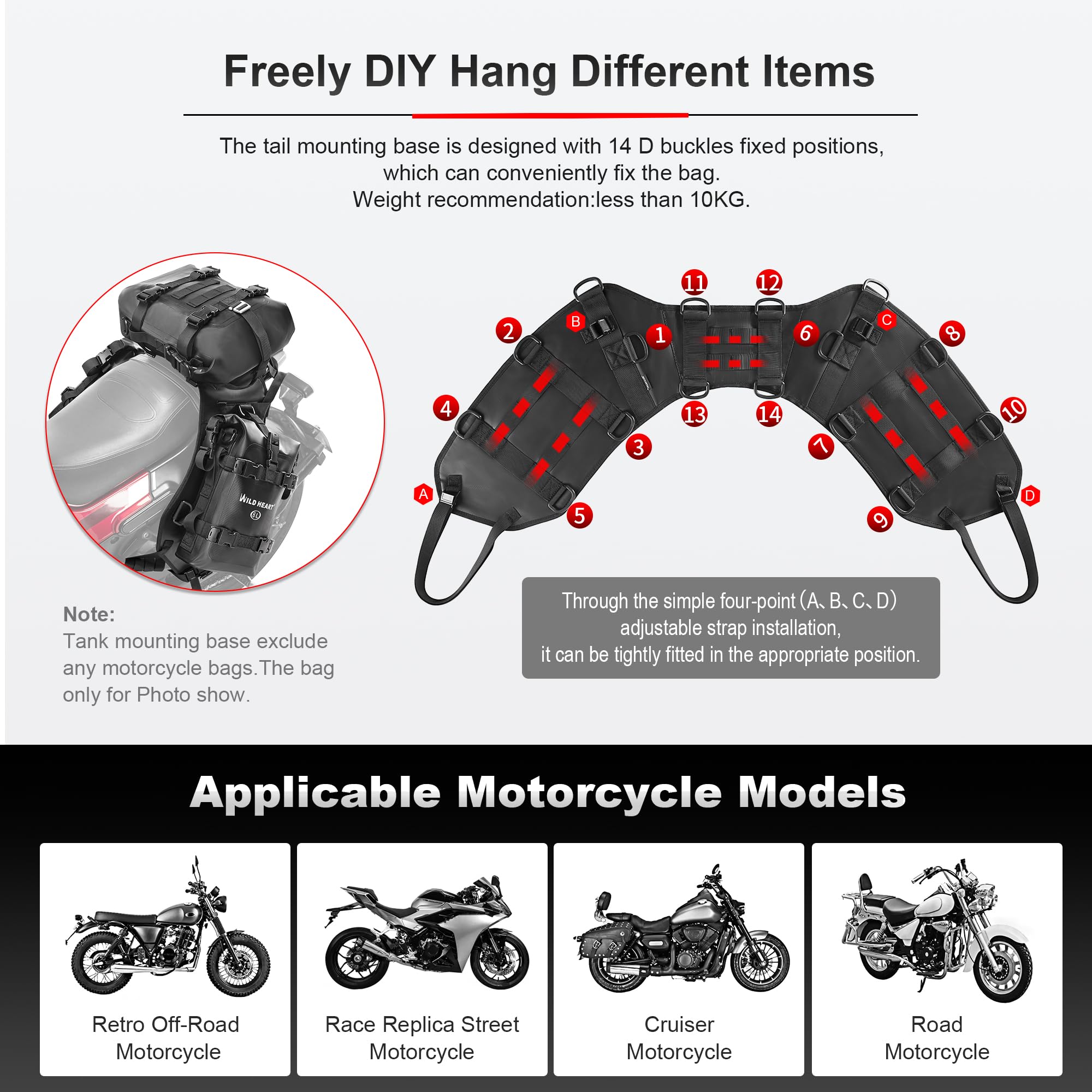WILD HEART Motorcycle Tank Mount for Bags & Walkie Talkie - Durable Riding Accessory