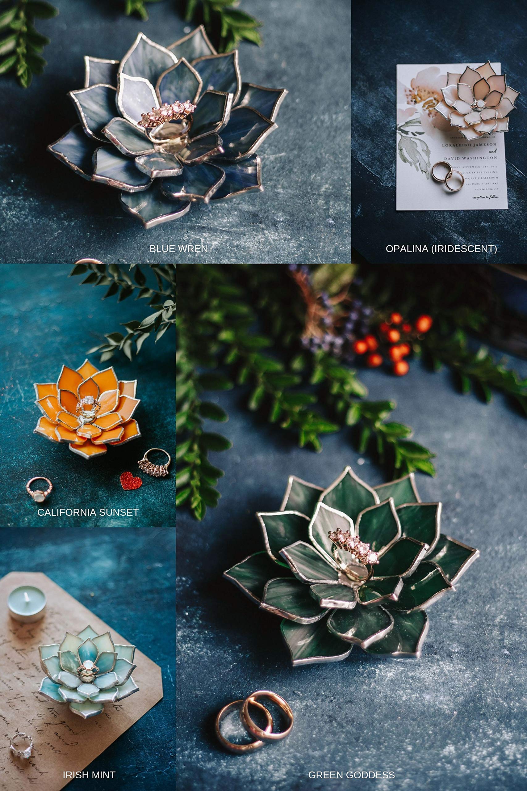 Glass Succulent Ring Dish for Wedding & Engagement | Elegant Jewelry Holder with Flower Design | Perfect Valentine's Day & Anniversary Gift | Green Goddess Style | Ideal for Bathroom, Bedroom, or Bridal Shower Decor