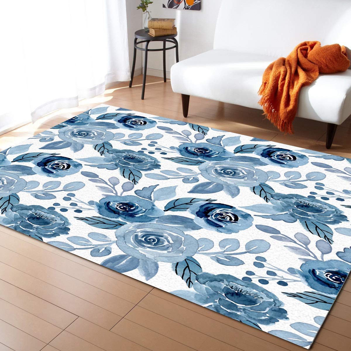 Ethnic Style Soft Area Rugs 2'7'' x 5' - Watercolor Indigo Rose Flower Carpet for Bedroom, Living Room, Nursery | Non-Slip Floor Mat for Kids, Girls, Boys & Baby | Home Decor Rug for Cozy Spaces