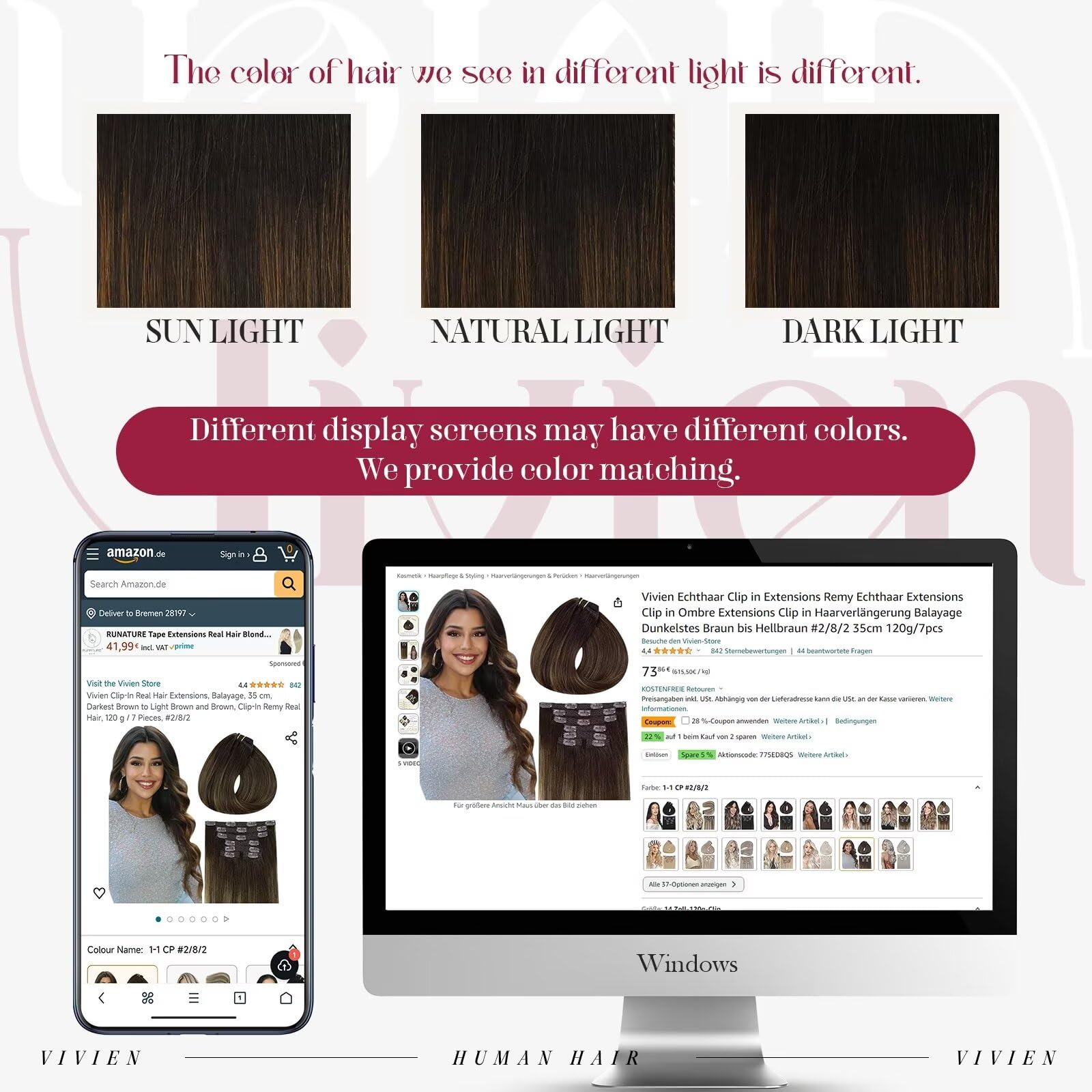 Vivien Balayage Clip-In Hair Extensions 14 Inch 7pcs 120g - Real Human Hair Ombre Dark Brown to Light Brown - Natural Looking Invisible Hair Extensions for Women | Perfect for Parties, Weddings & Everyday Styling
