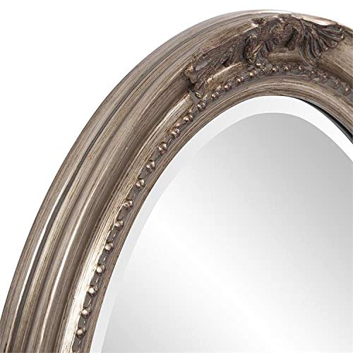 Antique French Country Silver Wood Oval Wall Mirror with Beveled Glass - Rustic Farmhouse Decor for Living Room, Bedroom & Entryway - Includes Hanging Hardware