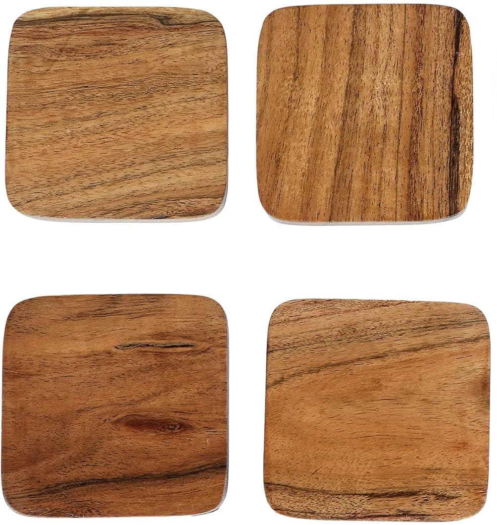 CRAFTVELLY Set of 4 Solid Sheesham Wood Coasters - Natural Wood Drink Coasters for Coffee, Tea, Beer & Wine Glasses - Round Dark Walnut Wooden Coasters for Dining Table, Bar & Home Decor