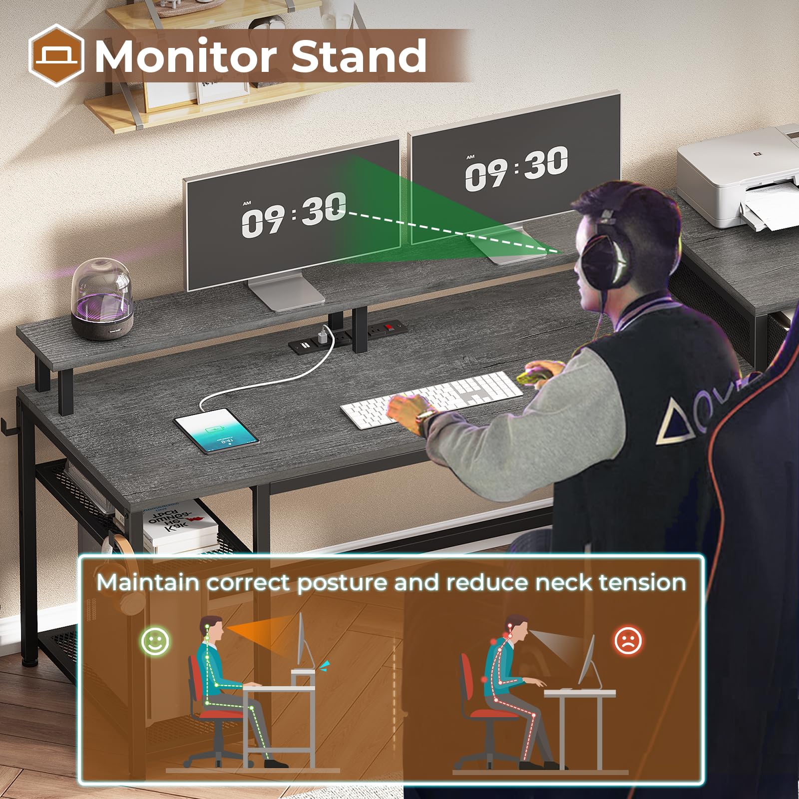 SEDETA 59 Inch Reversible L-Shaped Office Desk with LED Lights & Power Outlet - Home Office Computer Desk with Storage Drawers, File Cabinet & Printer Space - Perfect for Gaming, Work & Study (Grey)