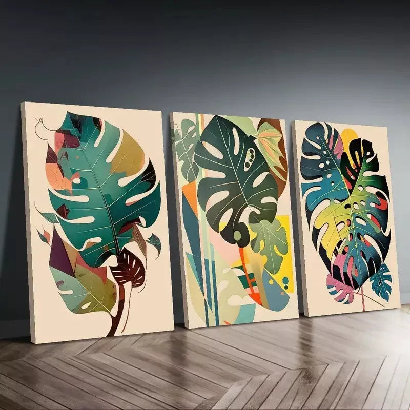 3-Piece Monstera Leaf Wall Art Set - Framed Canvas Prints 50x70cm | High Quality Botanical Decor | Ready to Hang | Perfect for Living Room, Bedroom or Office Decor