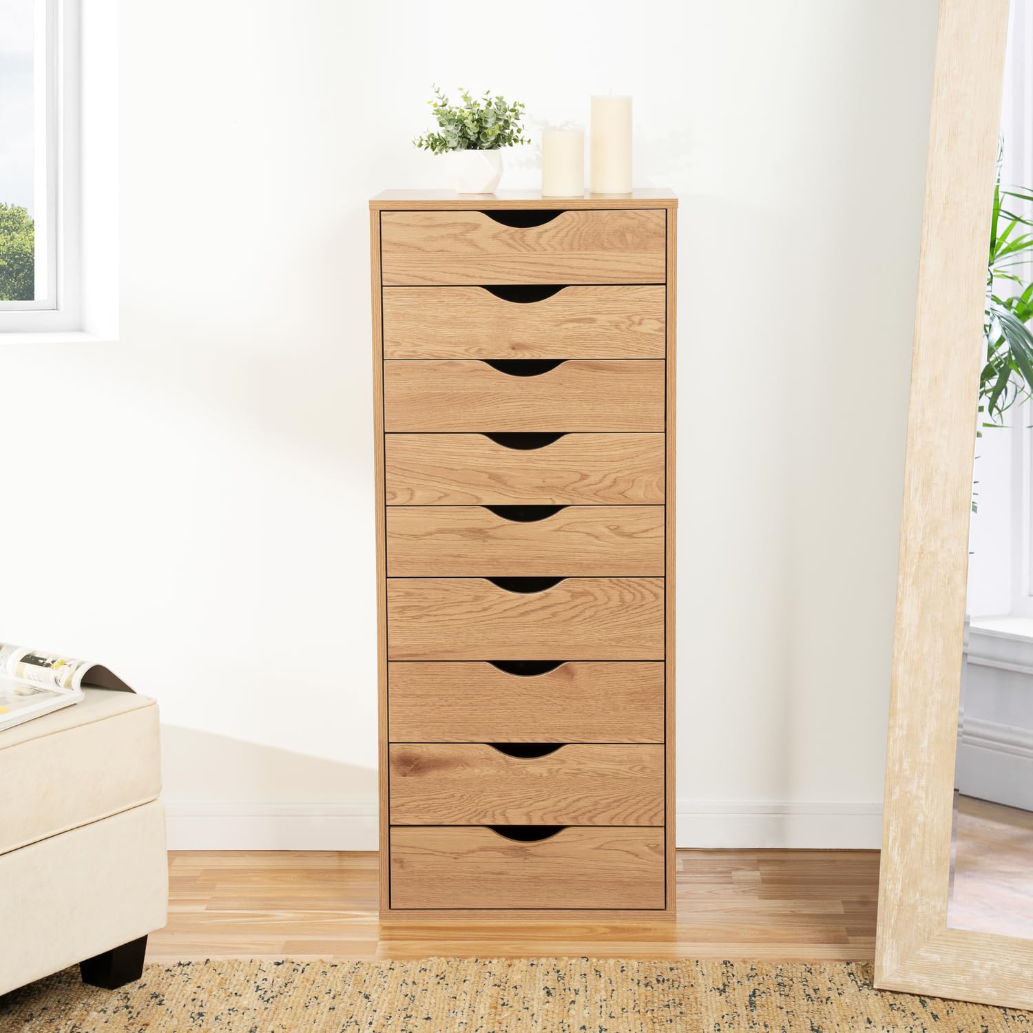 Naomi Home 9-Drawer Dresser for Bedroom - Stylish Tall Makeup Vanity with Storage Shelves, Small Closet Organizer (200 lbs Capacity) in Natural Finish - Perfect for Bedroom Storage & Makeup Organization
