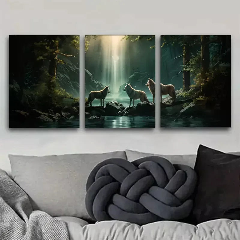 3-Piece Enchanting Wolf and Waterfall Forest Art Set - Framed Canvas Wall Decor 50x70cm | High Quality Australian Made Print | Ready to Hang | Perfect for Living Room, Bedroom & Office Decor