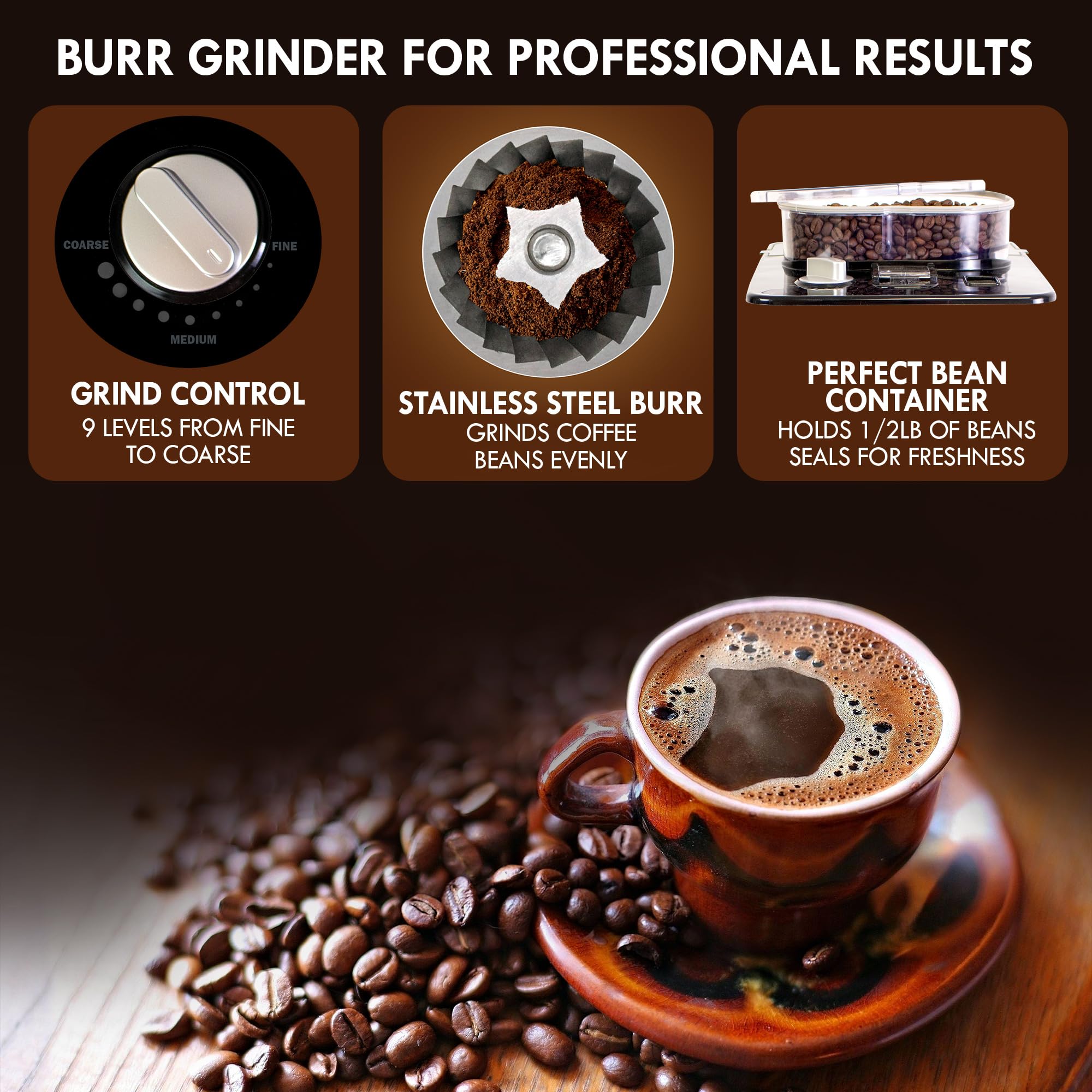 Kenmore Elite Grind and Brew Coffee Maker - 12 Cup Programmable Automatic Coffee Machine with Burr Grinder, Fresh Bean Hopper & Glass Carafe - Perfect for Home Kitchens, Offices and Small Cafés - Barista Style Coffee Maker for Espresso, Latte & Drip Coffee