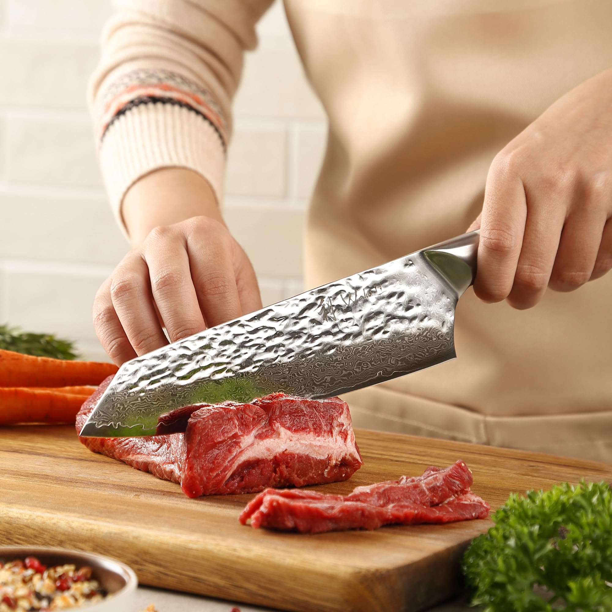 Wakoli 3-Piece Damascus Steel Chef Knife Set - 67-Layer VG10 Core Professional Kitchen Knives with Ergonomic G10 Handles, Gift Box Included (Pearl Blanche) - Perfect for Home Chefs, Cooking Enthusiasts & Gourmet Food Preparation