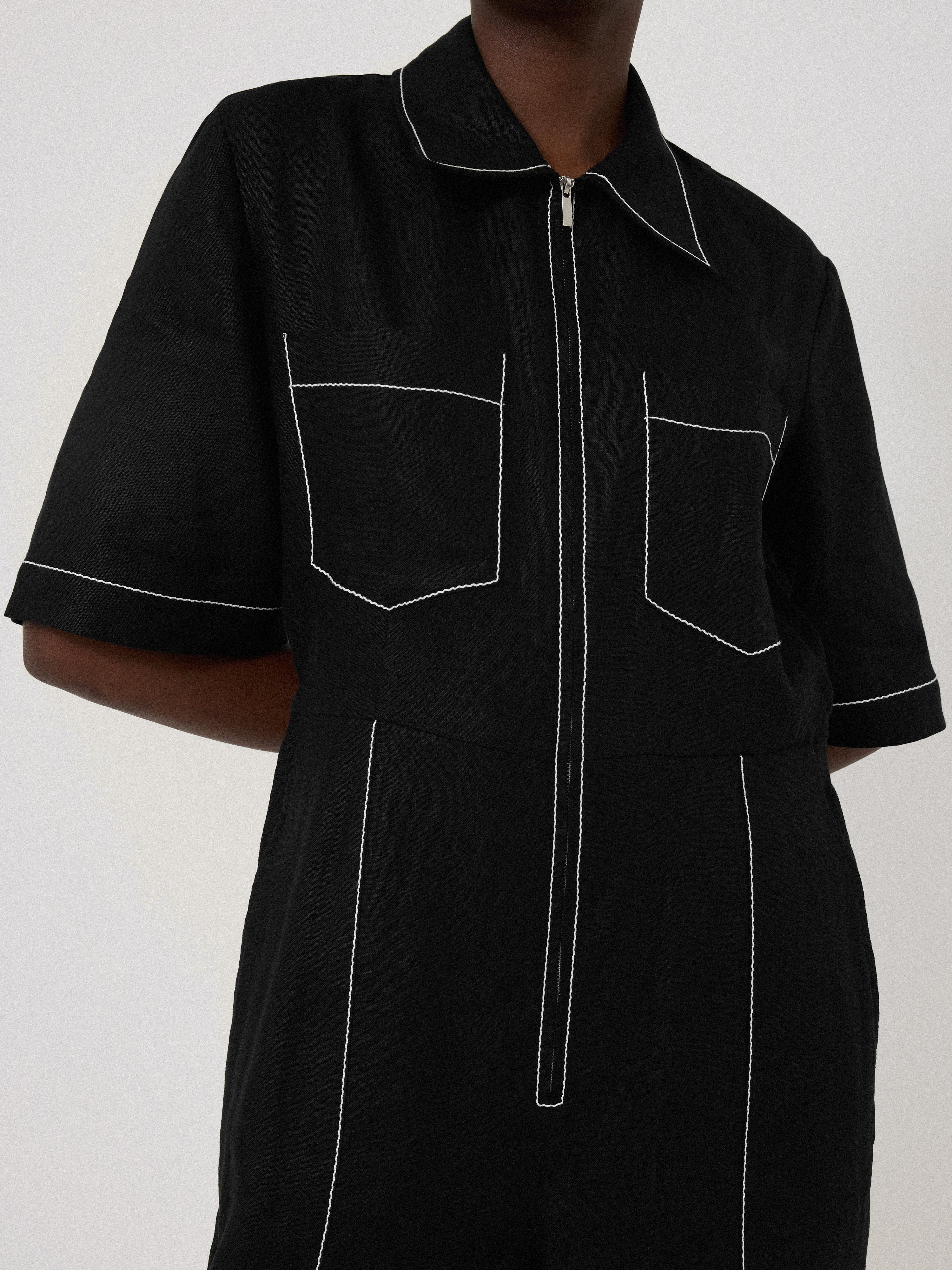 Black Linen Contrast Stitch Jumpsuit for Women - Comfortable Summer Romper with Stylish Details | Perfect for Beach Vacations, Casual Outings & Date Nights