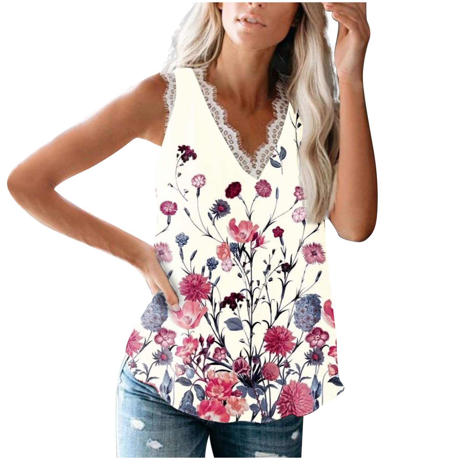Women's Summer Lace Tank Tops - V Neck Sleeveless Blouse with Lace Trim | Fashion Loose Fit Vest T-Shirts for Casual Wear, Beach Outfits & Summer Vacation