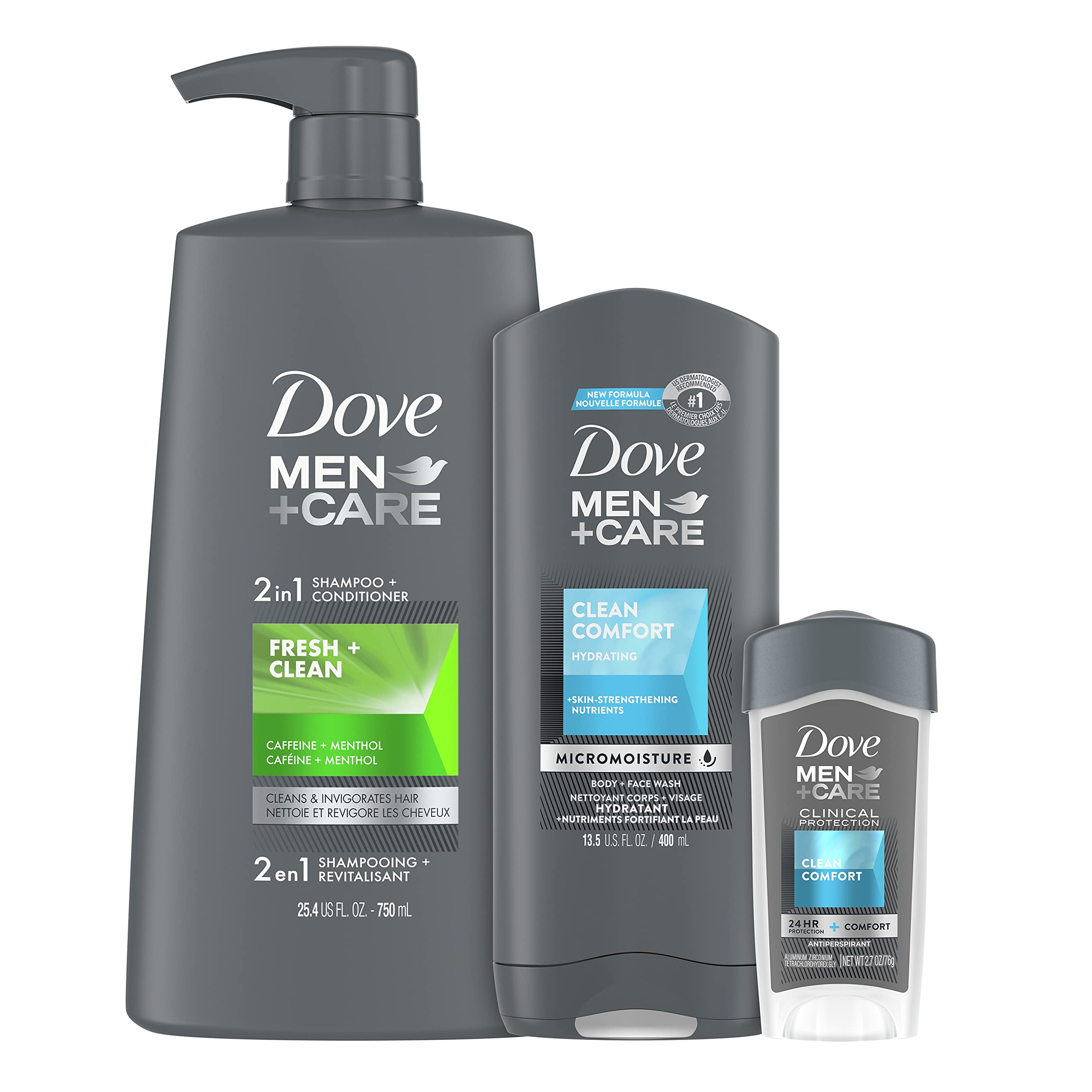 DOVE MEN + CARE Hair & Skin Care Set for Men - 2-in-1 Shampoo & Conditioner, Body Wash & Clinical Antiperspirant Deodorant | Fresh & Clean Grooming Kit for Daily Shower & Gym Use