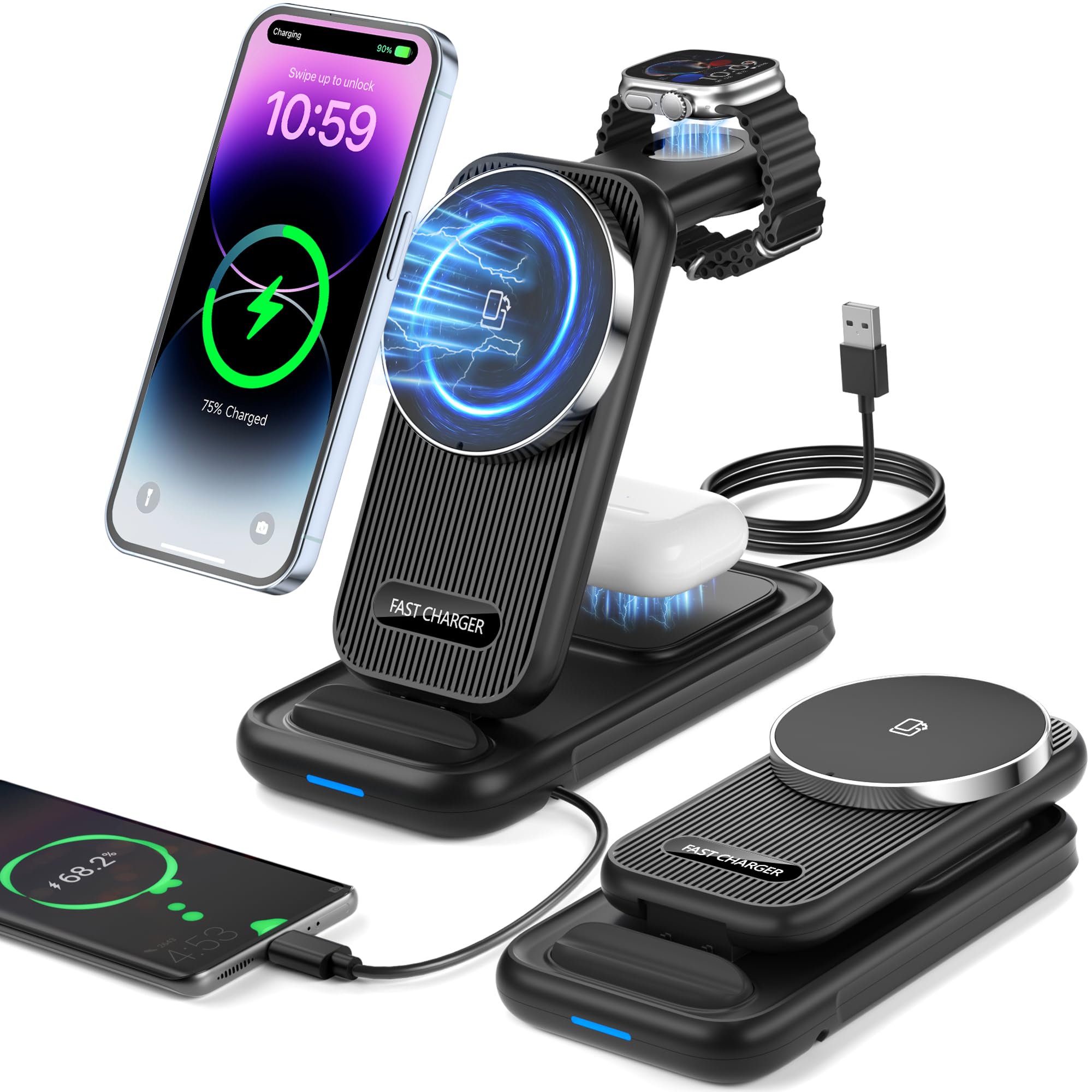 4-in-1 MagSafe Wireless Charging Station - Fast Qi-Certified Charger Stand for iPhone 15/14/13/12 Pro Max, Apple Watch, AirPods Pro & Samsung Galaxy S24/S23, Watch, Buds - Perfect for Home, Office & Nightstand Charging