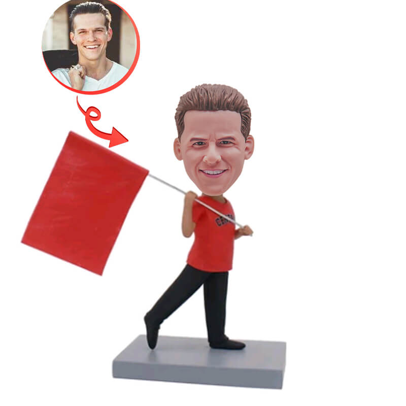 Custom Bobblehead of Man Carrying Flag - Personalized Patriotic Figurine for Office Desk, Sports Events & Military Appreciation Gifts