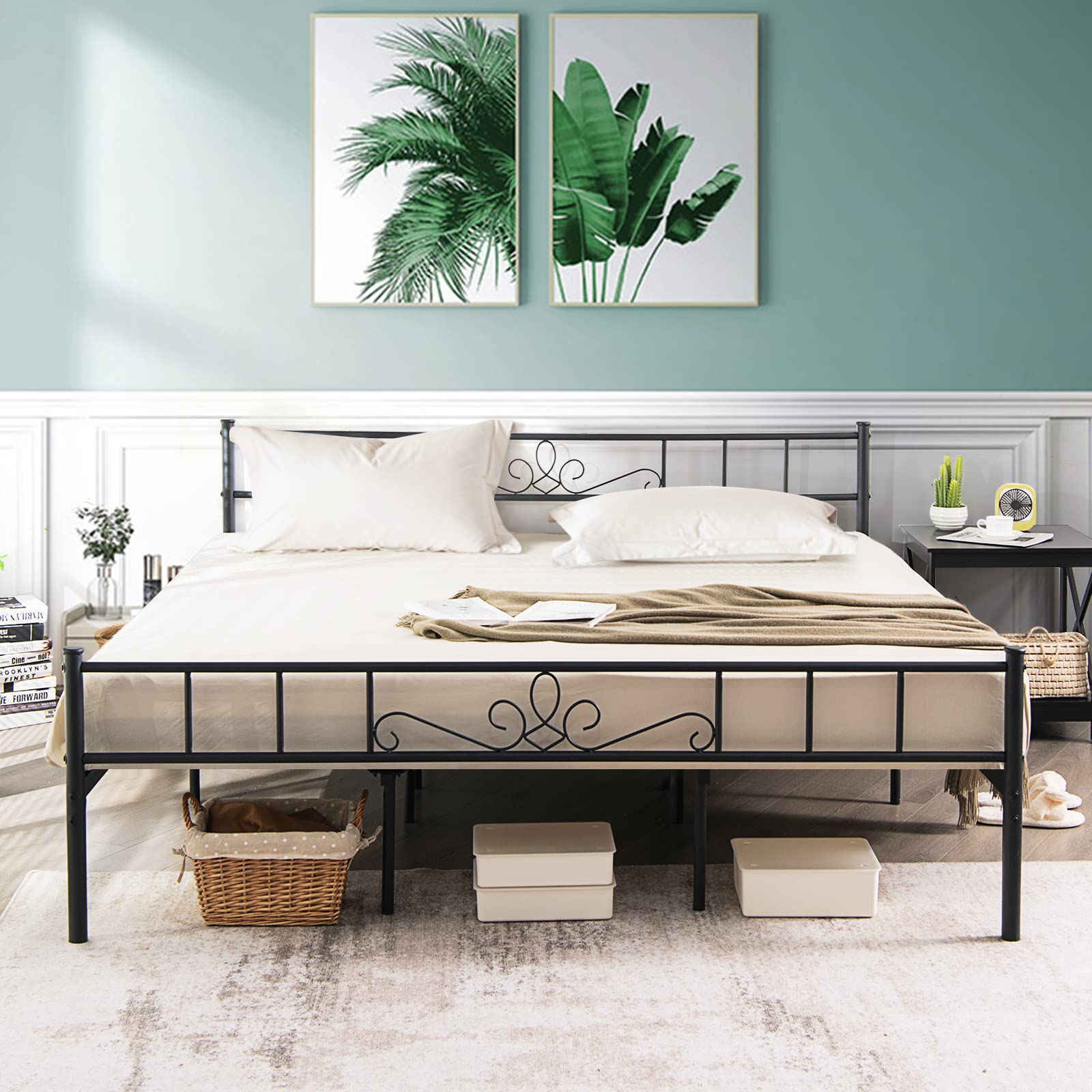 KOMFOTT King Size Metal Platform Bed Frame with Headboard & Footboard - Sturdy Reinforced Steel Slat Support, No Box Spring Required - Easy Assembly Black Bed Frame for Master Bedroom, Guest Room & Dorm