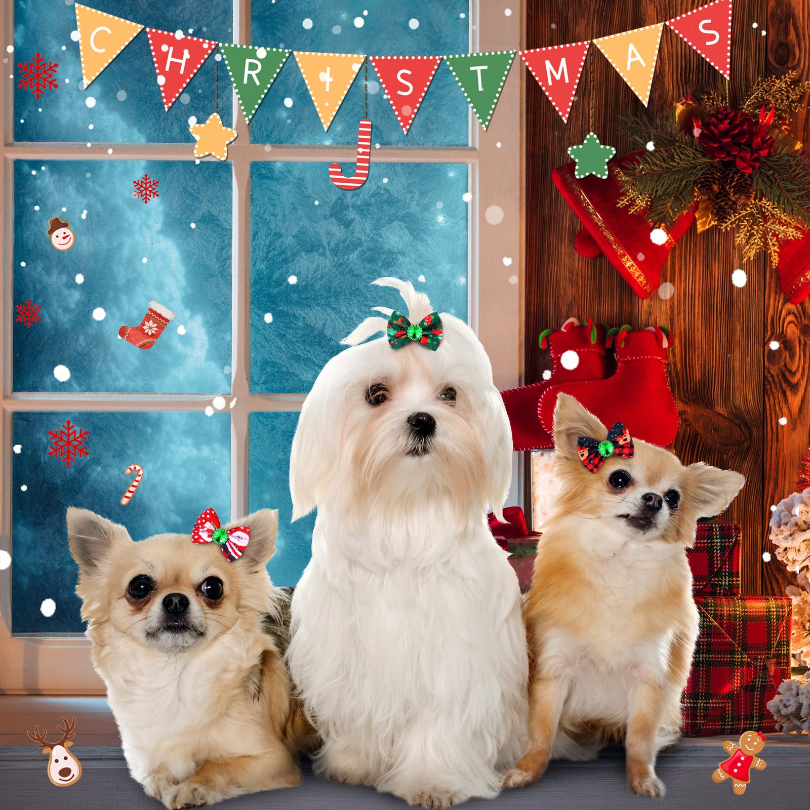 Tondiamo 100 Pack Christmas Dog Bows - Festive Rhinestone Hair Bows with Rubber Bands for Puppies & Dogs | Santa, Christmas Tree, Elk & Snowflake Designs | Perfect for Holiday Grooming, Pet Photos & Christmas Parties