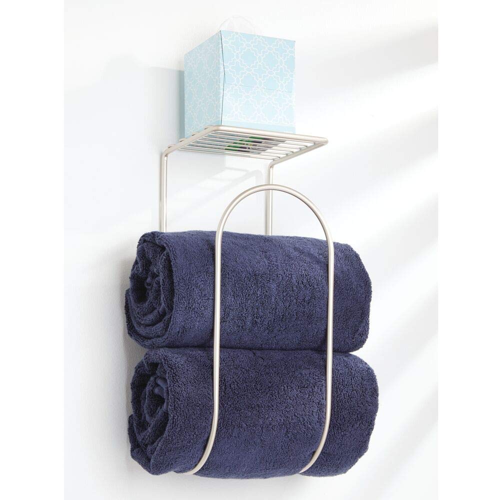 Modern Metal Wall Mount Towel Rack with Storage Shelf - Bathroom Organizer for Towels, Washcloths & Hand Towels - Curved Decorative Design in Satin Finish - Perfect for Small Bathrooms, Powder Rooms & Spa Spaces
