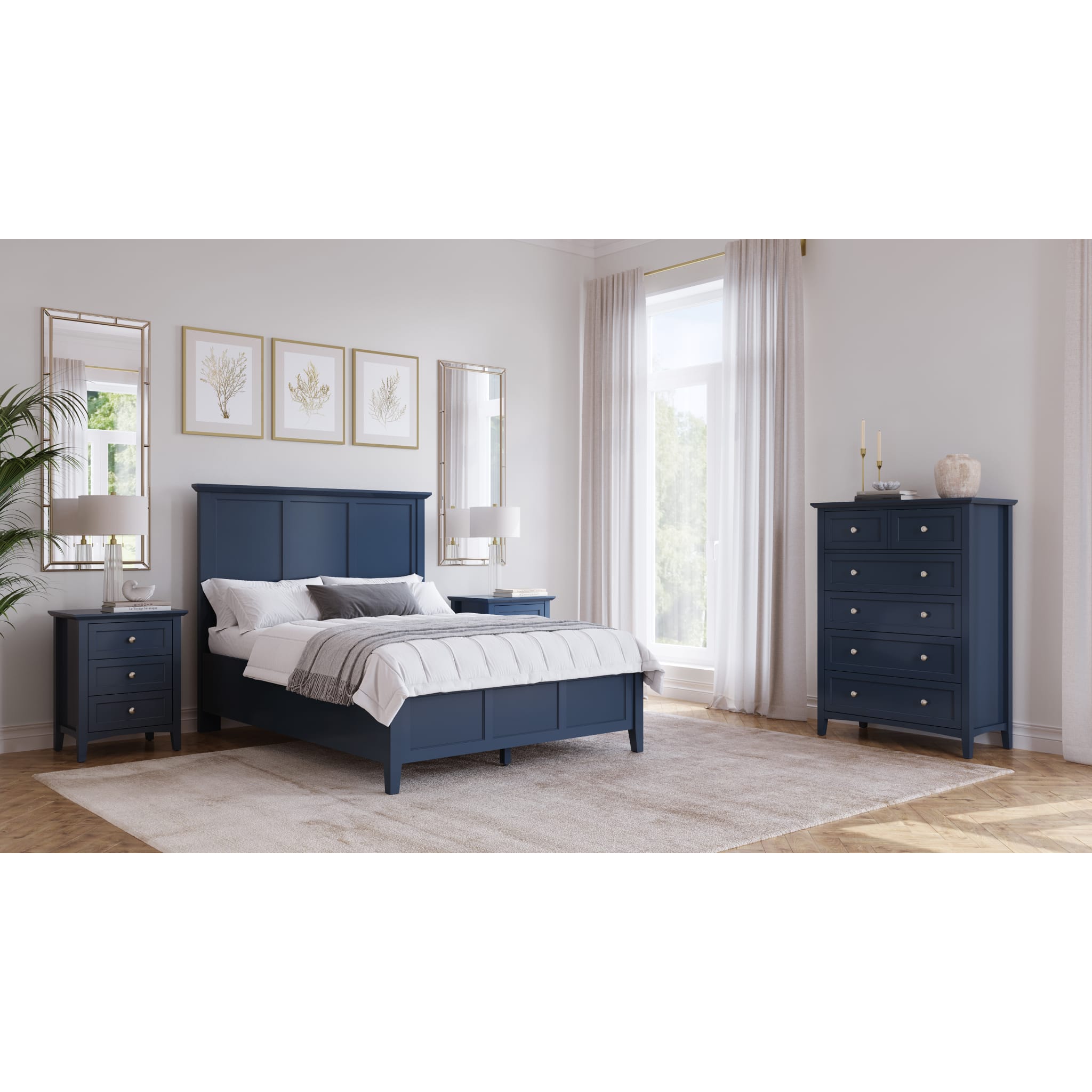 Grace Three Panel Bed in Blueberry - Queen Size Upholstered Platform Bed Frame with Wooden Slats - Modern Bedroom Furniture for Home Decor & Guest Room Setup
