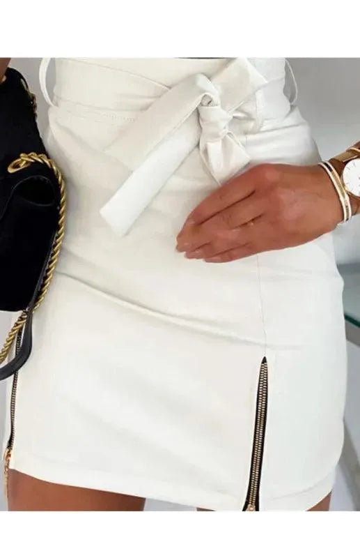 Women's Belted High Waist Mini Skirt with Front Zipper & Side Slit - Stylish Party Outfit for Nightclub, Date Night & Casual Wear