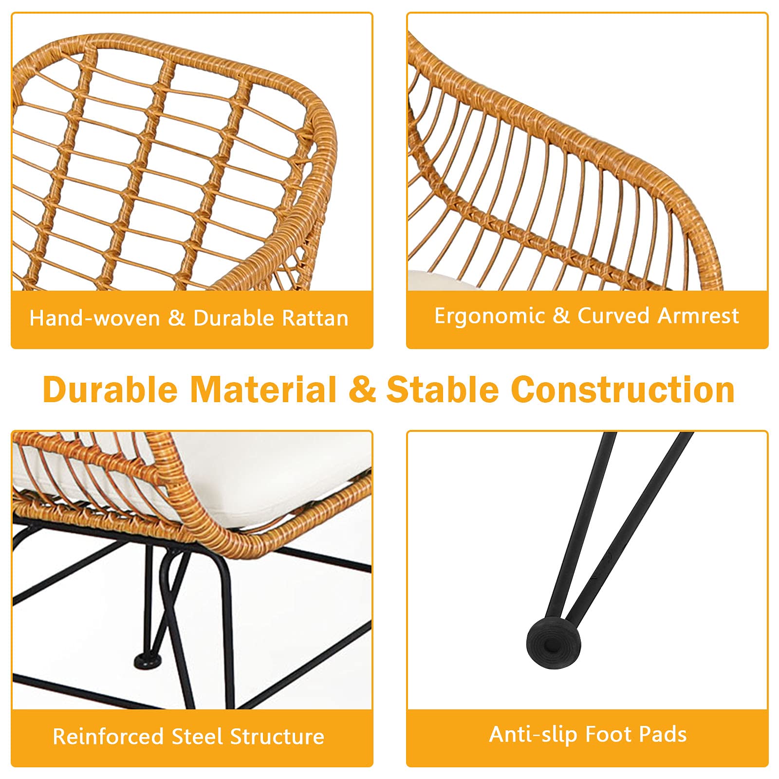 **HAPPYGRILL 3-Piece Rattan Bistro Set with Steel Frame, Round Coffee Table & Soft Cushions – Outdoor Patio Furniture for Garden, Balcony, or Poolside Relaxation**