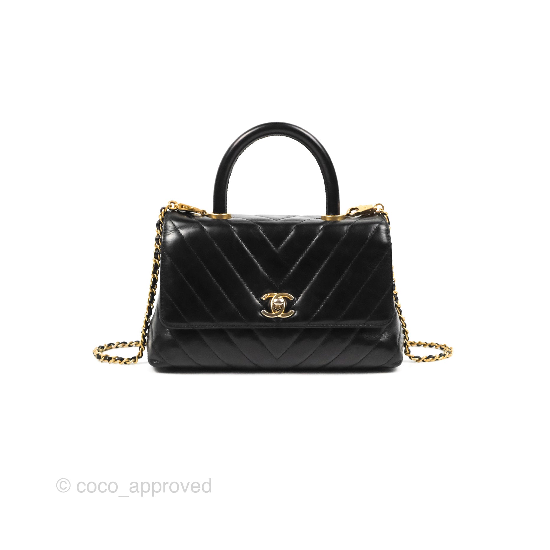 Chanel Chevron Small Coco Handle Bag - Black Shiny Aged Calfskin with Aged Gold Hardware | Luxury Crossbody Purse for Women, Perfect for Evening Parties & Date Nights