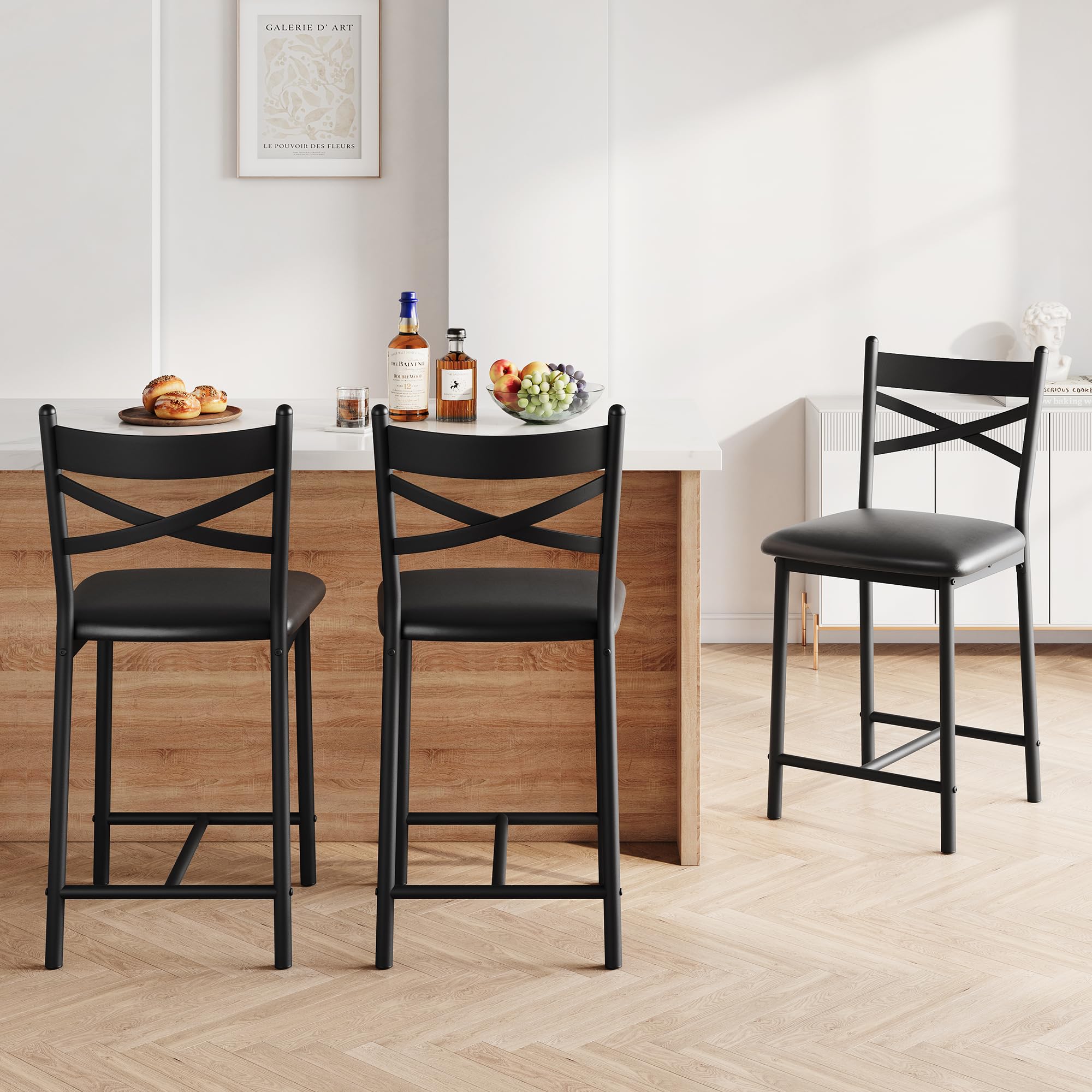 IDEALHOUSE Set of 2 Upholstered Bar Stools with Back Support & Thick Cushion - 24