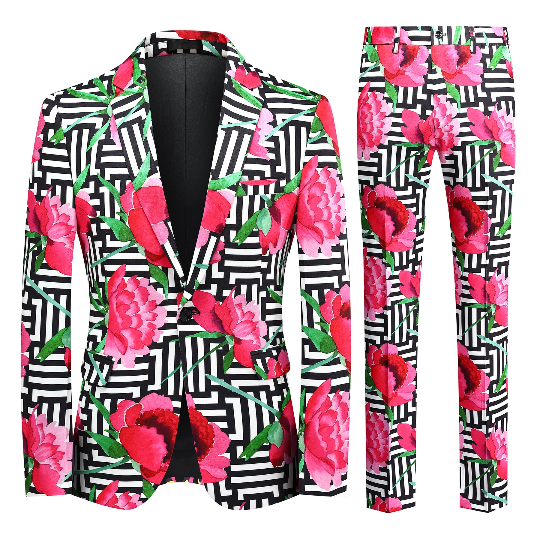 2 Piece Men's Tree Peony Printed Festive Suit Set - Formal Wedding Party & Special Occasion Outfit - Breathable Comfort Fit for Groom, Groomsmen & Prom