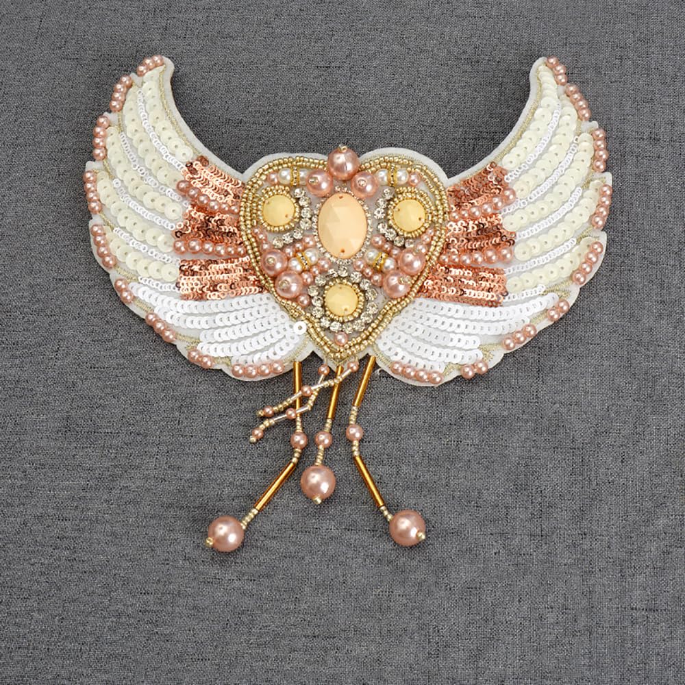 Sparkly Rhinestone Beaded Sequins Angel Wings Heart-Shaped Iron-On Patch - DIY Sewing Applique for Clothing, Hats, Bags & Accessories | Perfect for Costumes, Fashion Upgrades & DIY Crafts