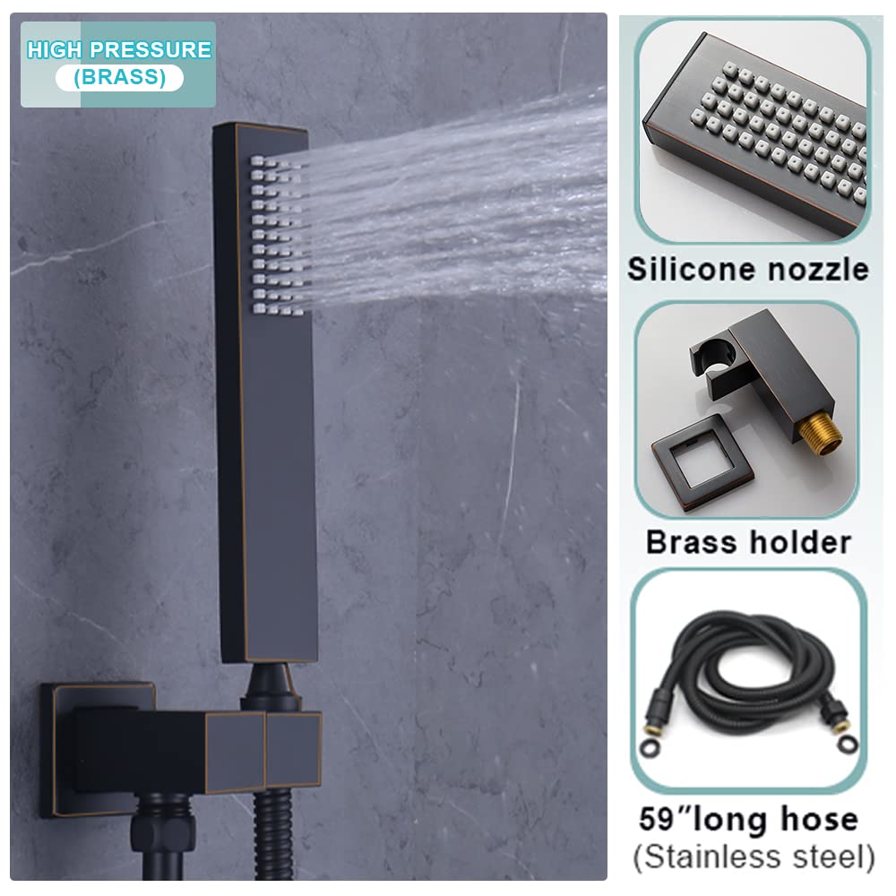 Oil Rubbed Bronze Thermostatic Shower System - 12 Inch Rainfall Shower Head, 6 Body Jets & Handheld Shower | Complete Bathroom Faucet Set for Luxurious Spa Experience at Home