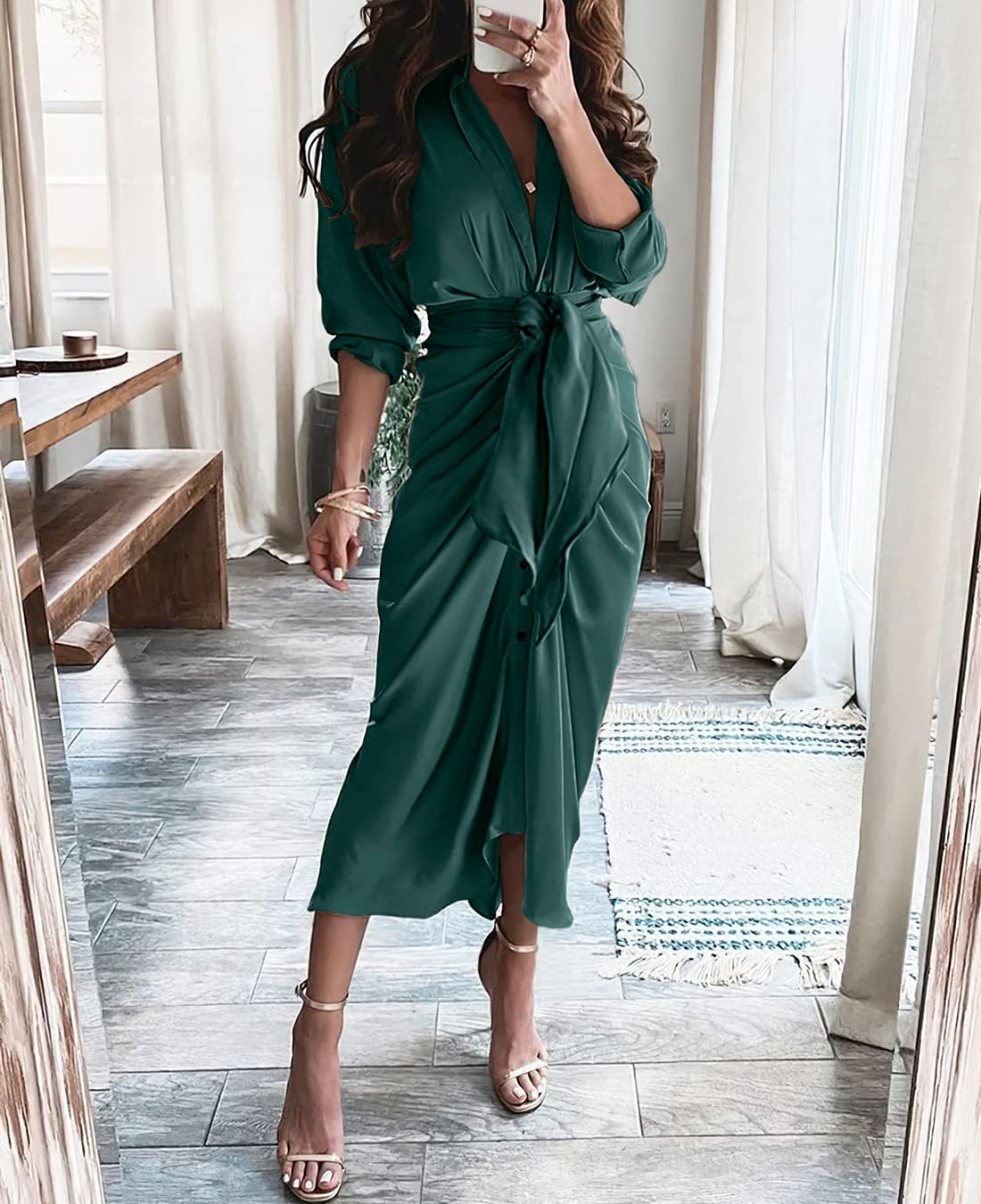 BTFBM Women's Long Sleeve Satin Dress - Elegant V Neck Button Down Maxi Dress with Belt & Ruched Detail for Spring Summer 2025 | Perfect for Weddings, Parties & Office Wear