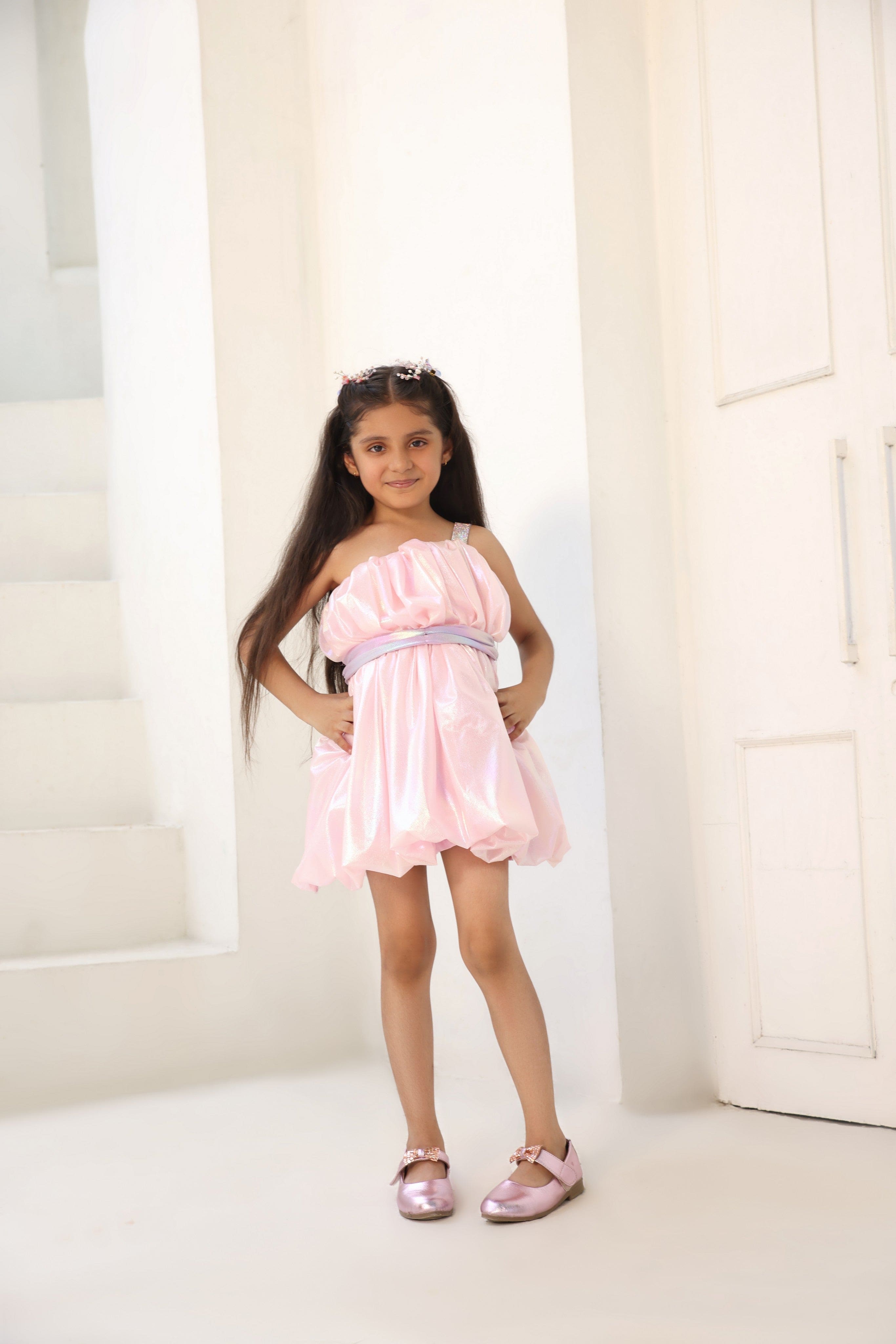 Pre Order: Pink Metallic Frock - Elegant Women's Party Dress for Weddings, Prom, Evening Gala & Special Occasions