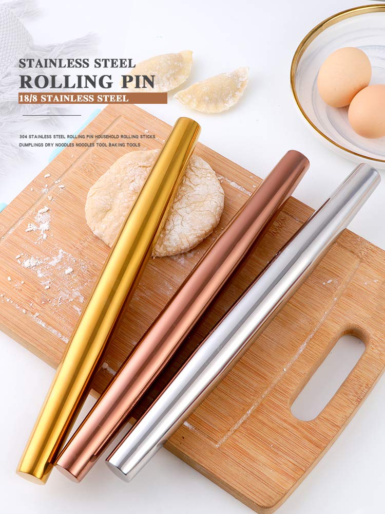 Professional 15.8-inch Rose Gold French Rolling Pin for Baking - Perfect for Fondant, Cookies, Pizza Dough, Pasta, Pie Crust & Pastry - Ideal for Home Bakers & Professional Chefs - Durable Metal Rolling Pin for Smooth Dough Preparation