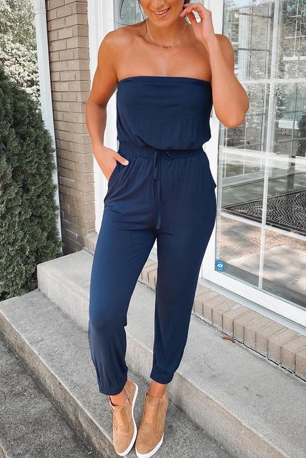 Strapless Pocket Cotton Blend Jumpsuit for Women - Comfortable & Stylish Romper for Summer, Beach, and Casual Outings