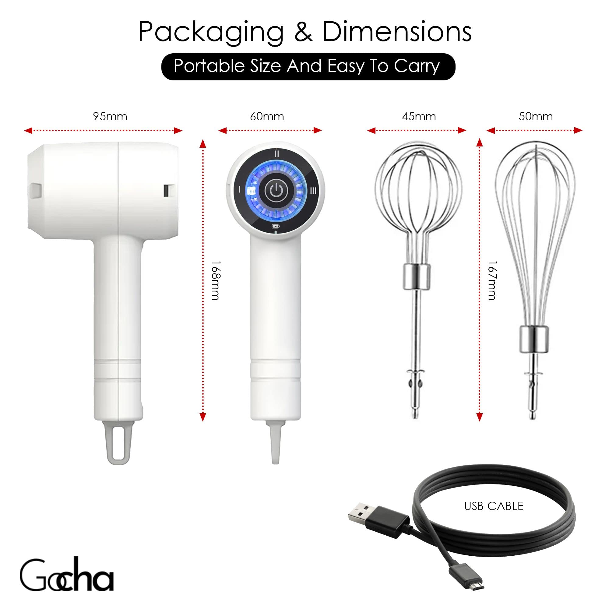 Electric Hand Mixer - 3 Speed Cordless Handheld Whisk for Baking, Eggs, Cream & Batters | Rechargeable Wireless Mixer with Dual Whisks | Perfect for Kitchen, Camping & Small Spaces (White)