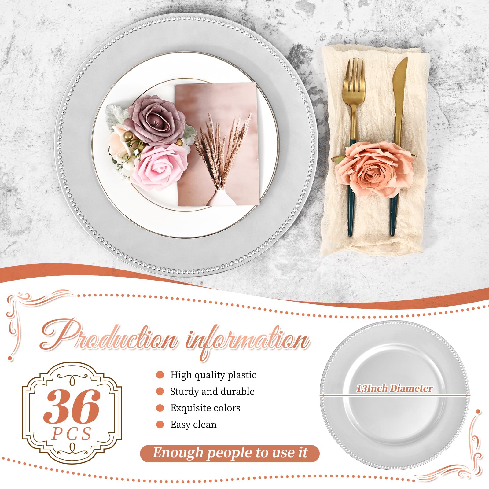 36 Pcs Silver Charger Plates - 13 Inch Round Reusable Plastic Dinner Plates for Wedding, Holiday Party, Baby Shower & Special Events - Elegant Table Decor for Formal Dining & Home Entertaining