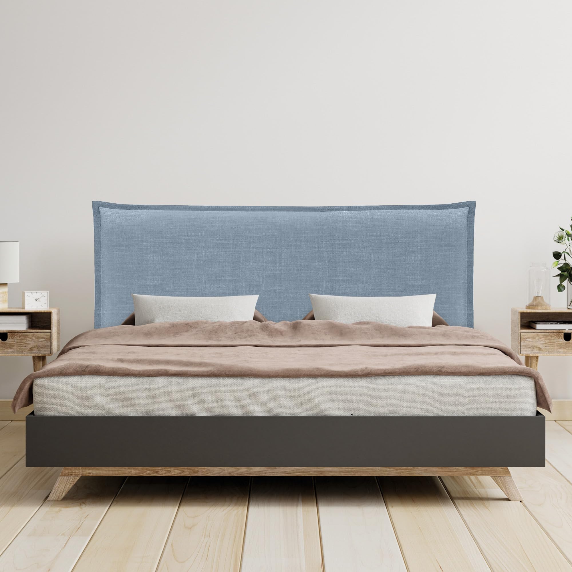 DHOME Natural Linen Upholstered Bed Frame with Floor-Length Skirt & 8cm Thick Headboard - Modern Bedroom Furniture (Blue, 150cm/Queen Size) for Contemporary Home Decor & Guest Room Styling