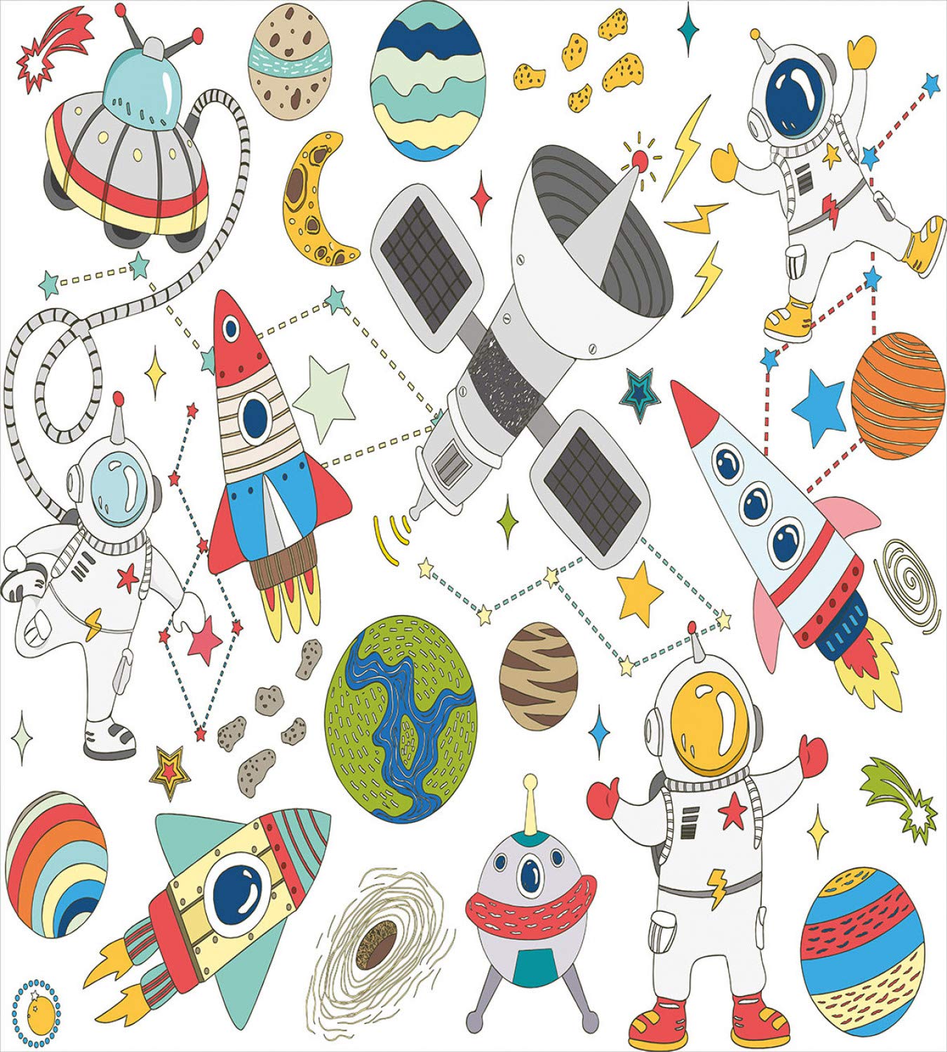 Ambesonne Science Party Duvet Cover Set - Astronaut & Spaceship Space Adventure Print - 3 Piece Queen Size Bedding Set with 2 Pillow Shams - White & Multicolor - Perfect for Kids Room, Space Themed Bedroom & Science Lovers