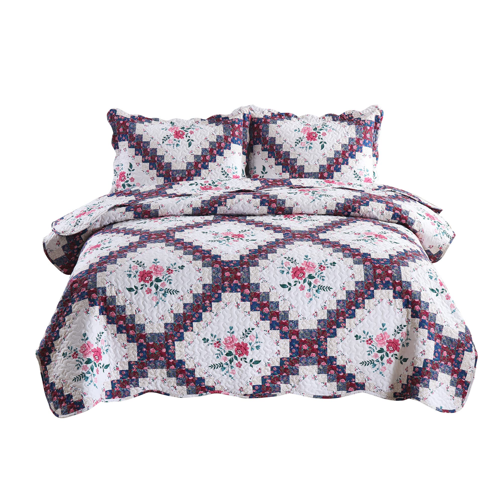 MarCielo 3-Piece Quilted Bedspread Set - Lightweight Printed Quilt Coverlet with Throw Blanket, Pink Floral Design, Queen Size - Perfect for Bedroom Decor, Guest Room, and Cozy Home Styling (B024_Q)