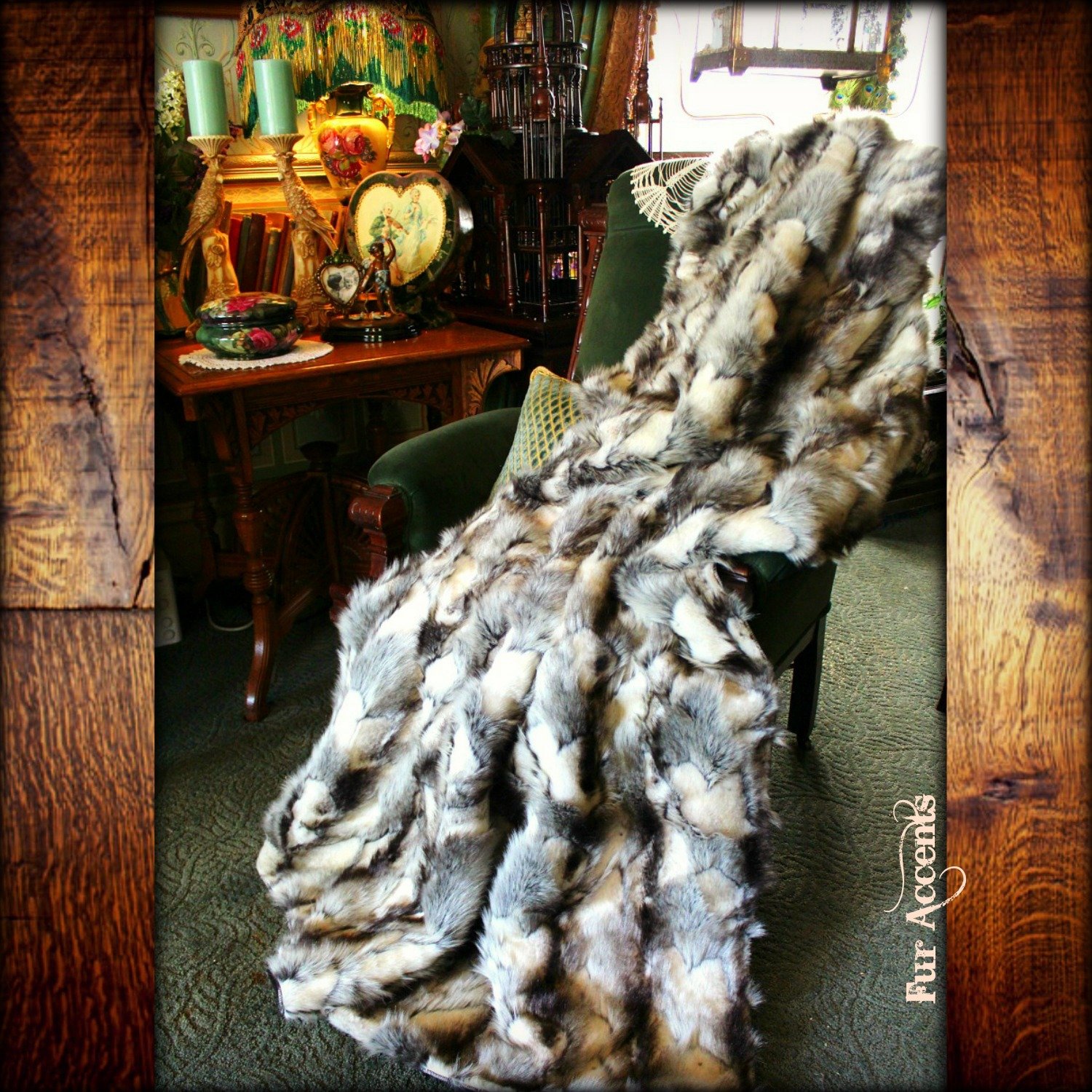 Premium 5'x7' Faux Fur Rabbit Pelt Throw Blanket - Black, Gray & White Minky Cuddle Fur Lining - Ultra Soft & Luxurious for Bed, Sofa & Home Decor