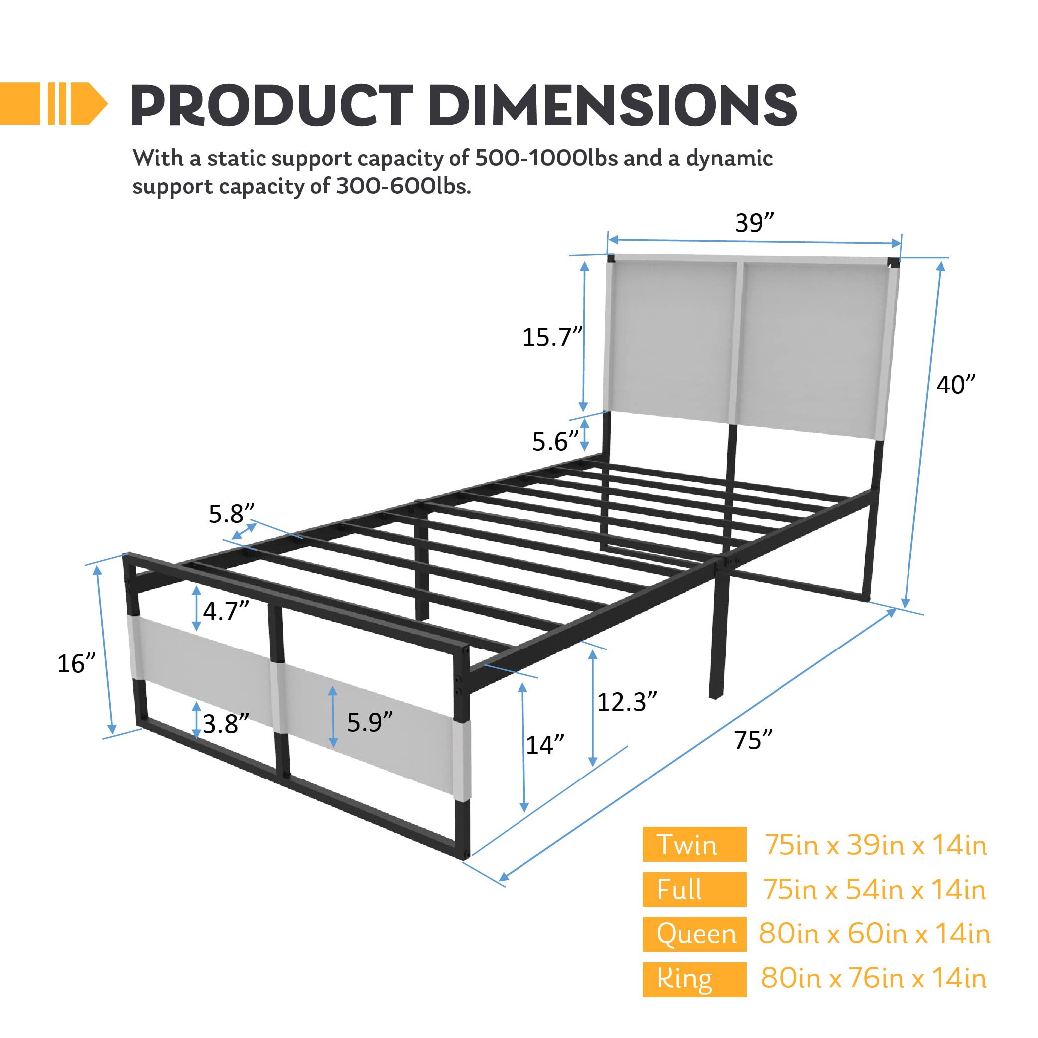 EGOHOME 14 Inch Heavy Duty Metal King Bed Frame with Headboard - Alloy Steel Platform Bed, Under Bed Storage Space, No Box Spring Needed, Easy Assembly & Noise Free - Perfect for Master Bedrooms, Guest Rooms & Small Spaces
