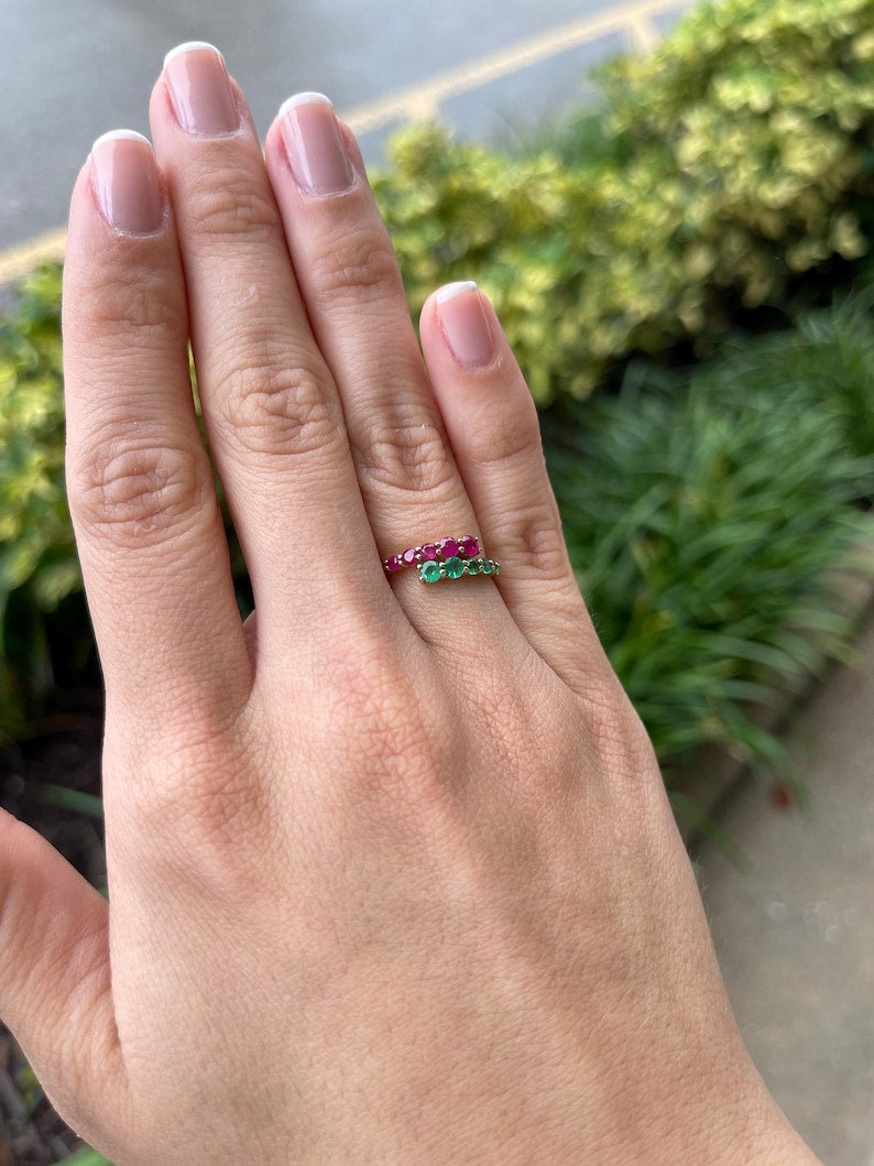 0.95tcw 14K Gold Bypass Ring with Natural Emerald & Ruby - Dainty Stacking Ring for Women, Wedding Band, Anniversary Gift, Everyday Jewelry