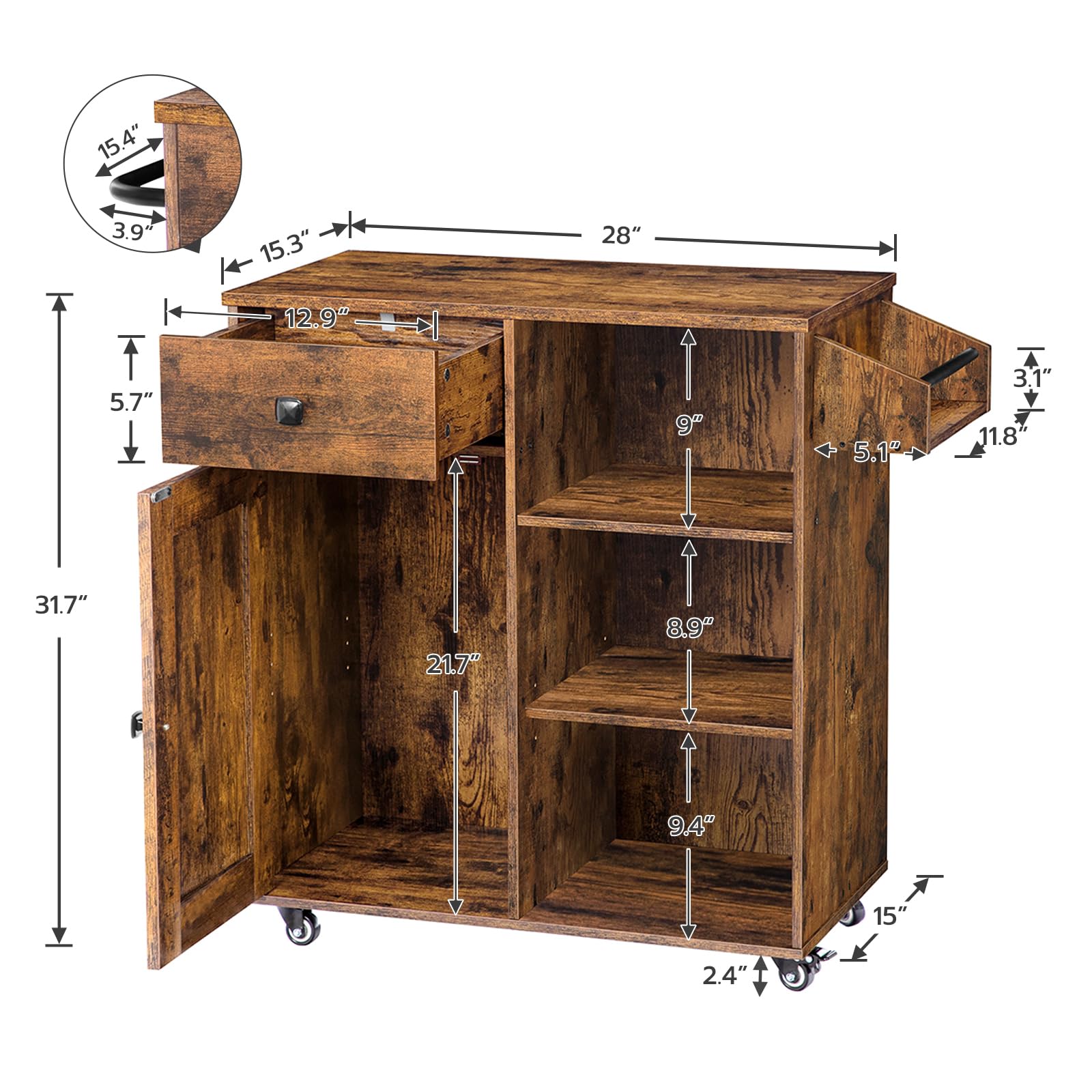 HOOBRO Rustic Brown Kitchen Island with Storage Cabinet, Drawers, Spice & Towel Rack - Space Saving Kitchen Cart for Small Spaces, Easy Assembly - Perfect for Kitchen Organization & Living Room Decor