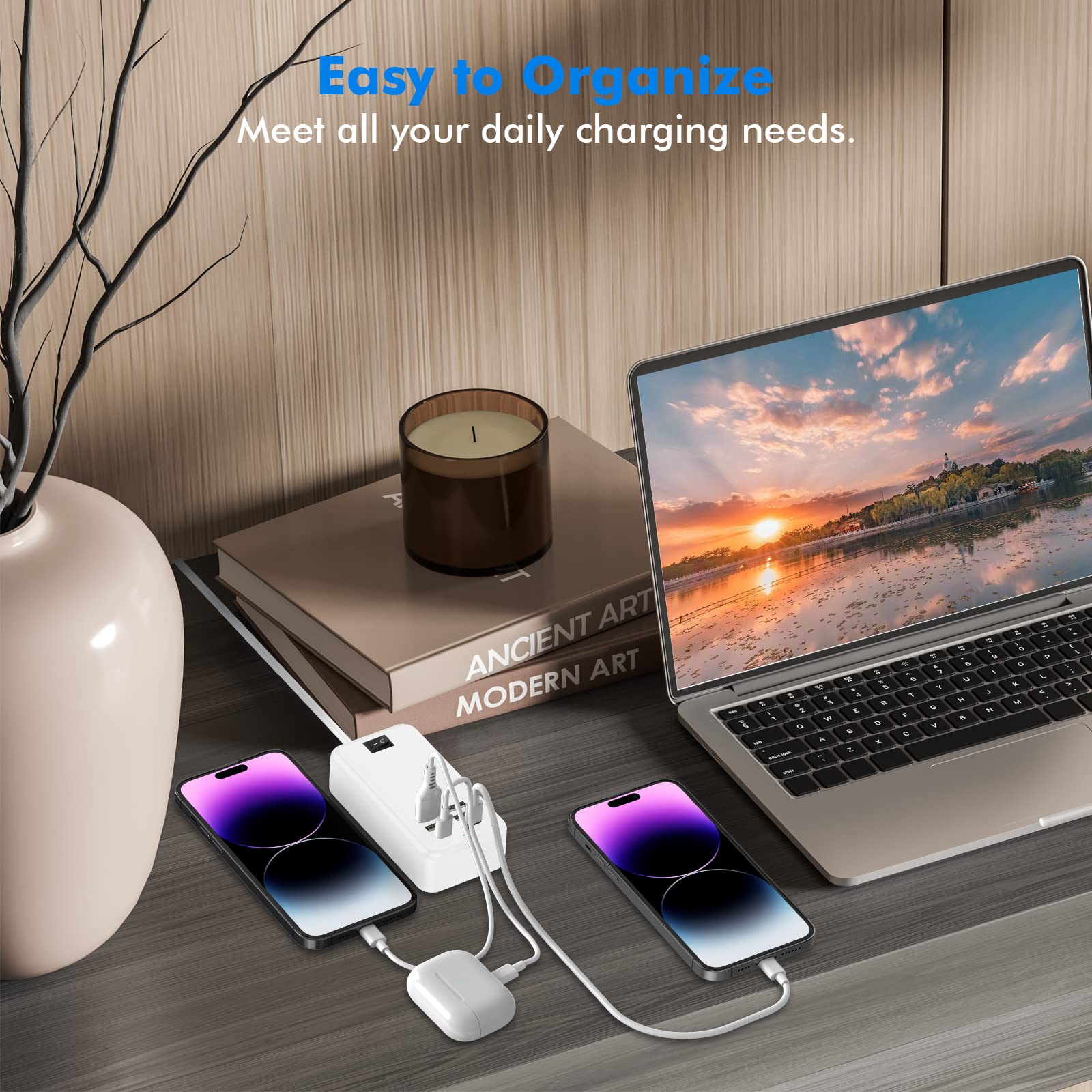 6-Port USB Charging Station with USB-C - Fast Charger Hub for iPhone 14/13 Pro Max, iPad Pro, Galaxy S21, Switch & Multiple Devices | Compact USB Power Strip for Home, Office & Travel (White)