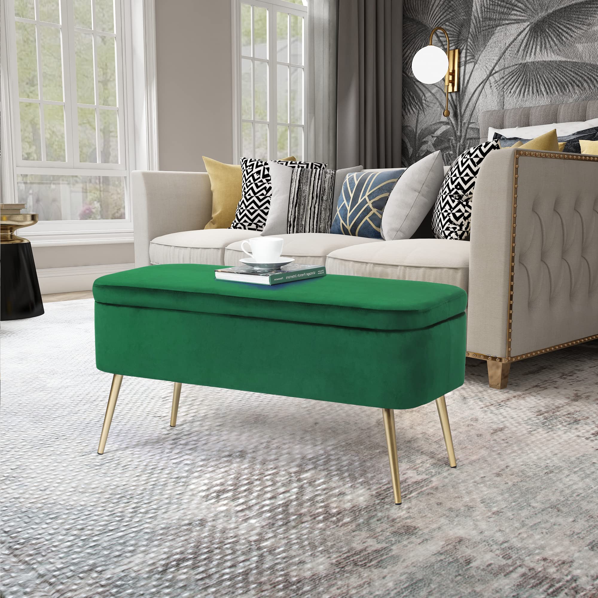 Joveco Velvet Upholstered Storage Bench with Golden Metal Legs - Modern Ottoman Footrest, Coffee Table for Entryway, Living Room, Bedroom & Window Seat - Soft Padded Seat (Green) | Perfect for Small Space Organization, Extra Seating & Stylish Home Decor