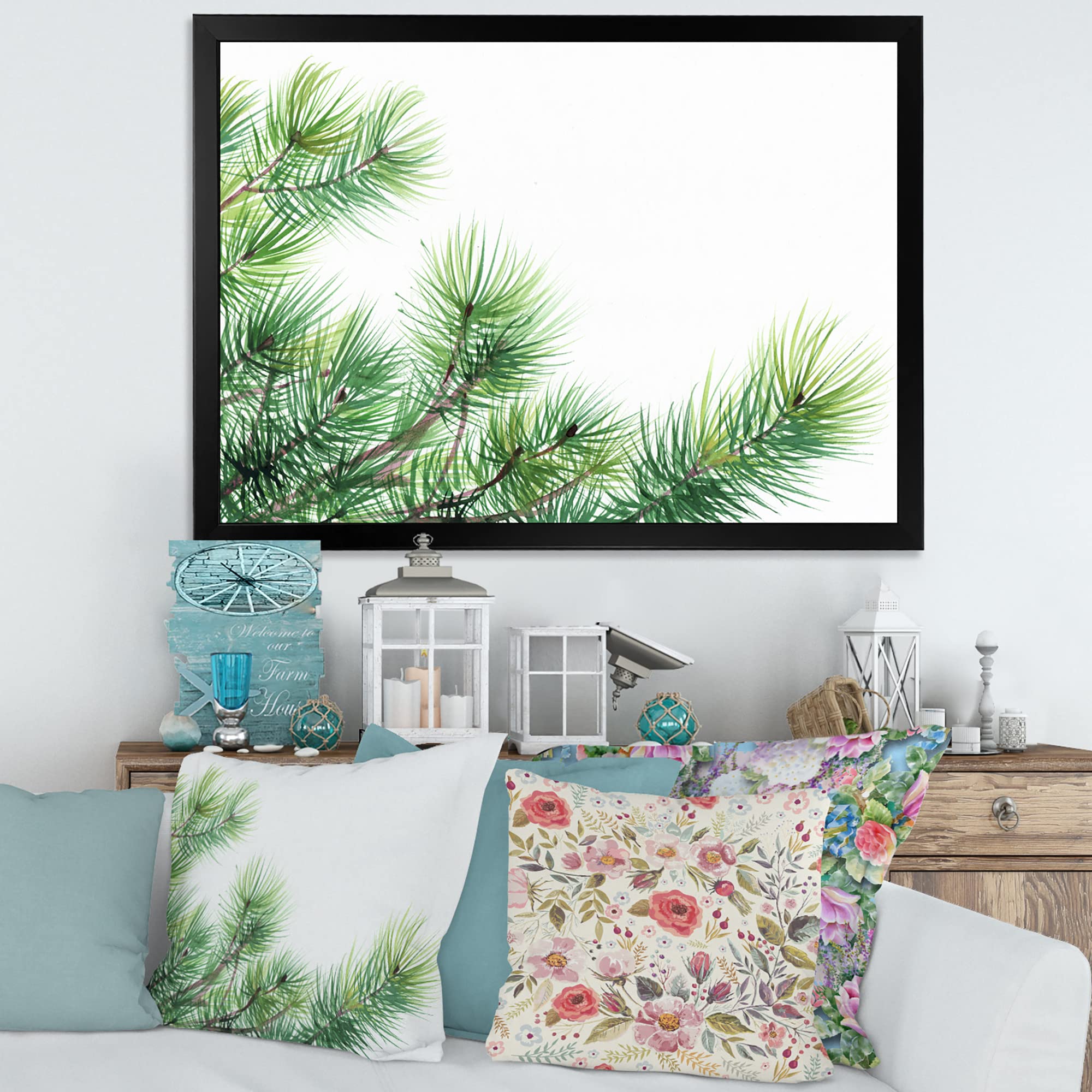 DesignQ Pine Tree Branches Traditional Framed Wall Art - Nature Inspired Home Decor for Living Room, Bedroom & Office