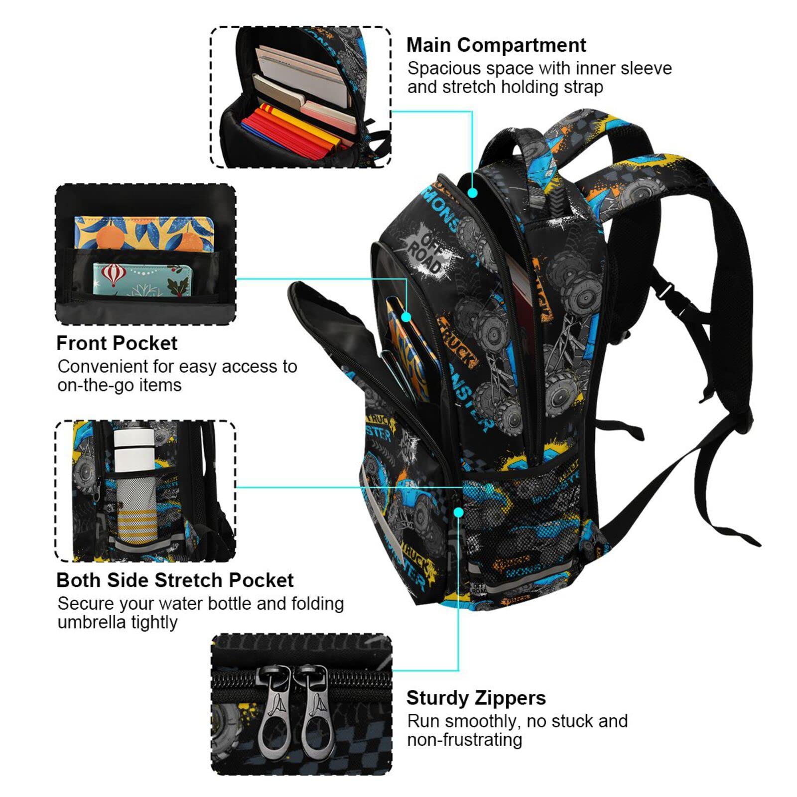Monster Truck Backpack for Boys & Girls - Durable School Backpack for Kids, Elementary Bookbag, Travel Rucksack - Perfect for School, Hiking, and Daily Adventures