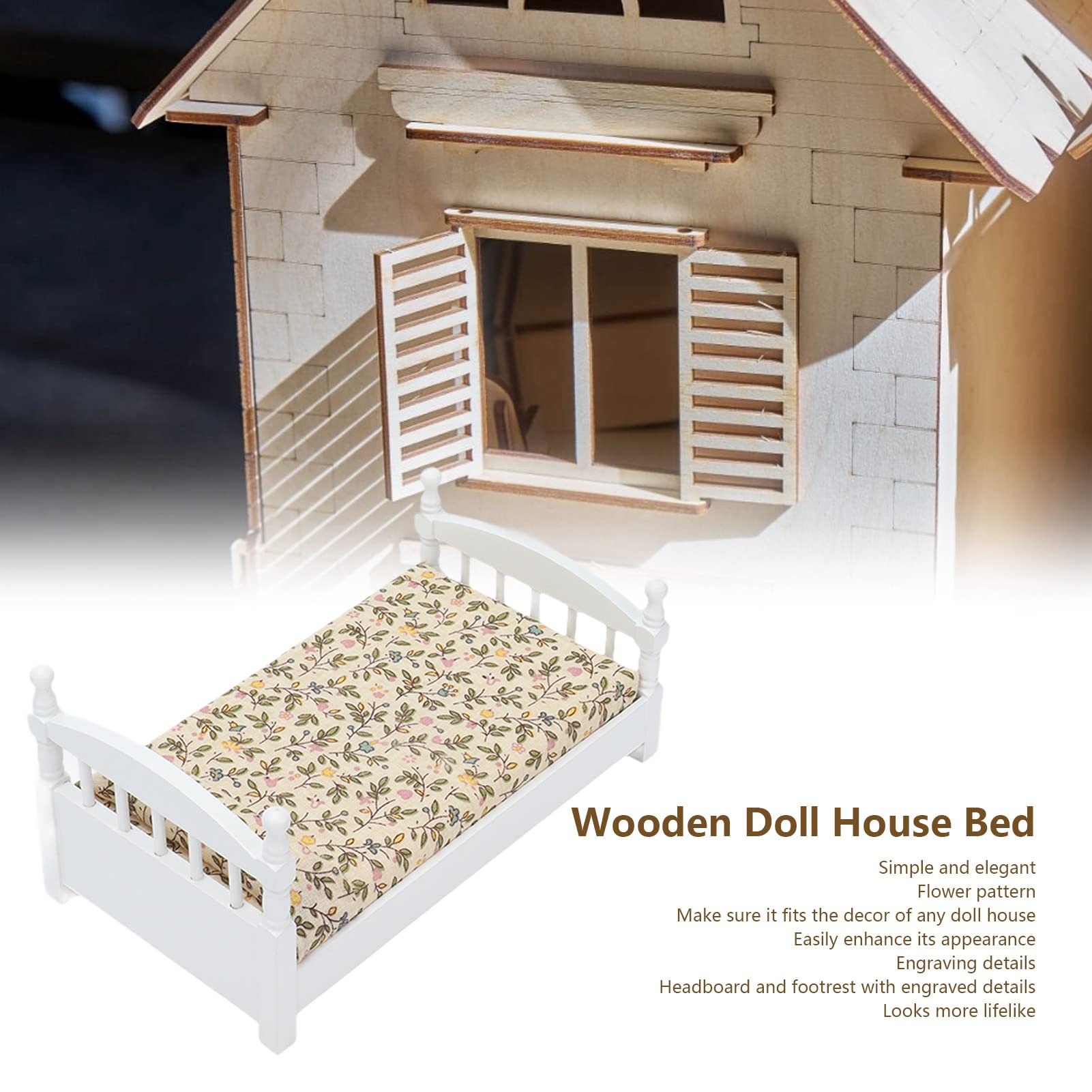 1:12 Scale Wooden Dollhouse Bed with Mattress & Pillows - Miniature Bedroom Furniture Set for Dollhouse Decor, DIY Projects & Collectors